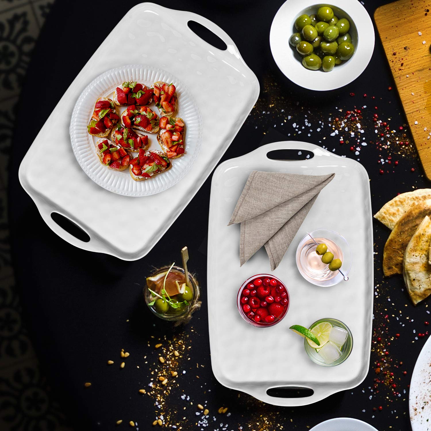 Tp Serving Tray With Handles, Large Rectangle Melamine Serving Platter Set Of 2, Pure White
