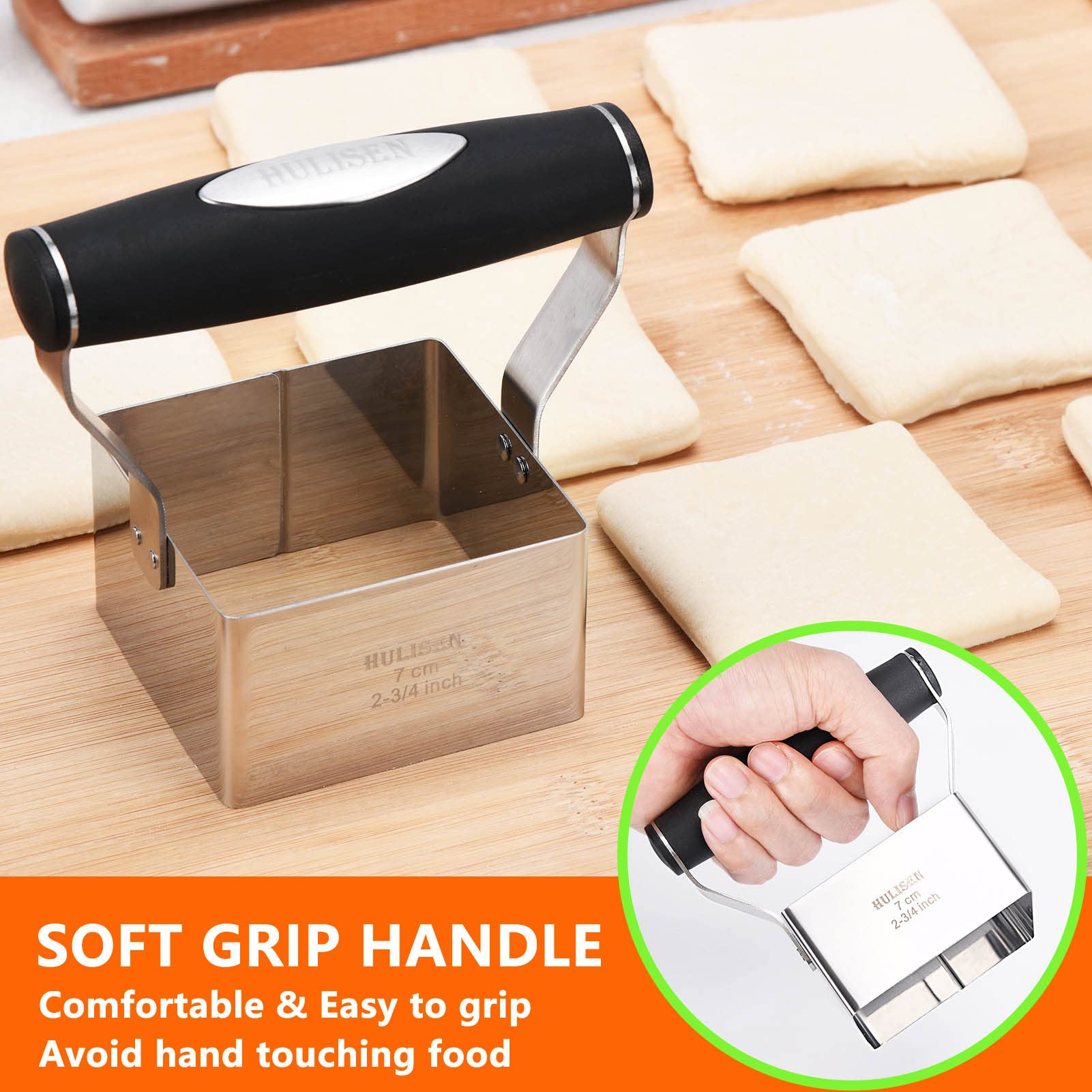 HULISEN Square Biscuit Cutter  2.75 Inch Stainless Steel Cookie Cutter with Soft Grip Handle for Thick Dough  Professional Baking Dough Tools  Dishwasher Safe  Gift Package (2.75'' Square Cutter)