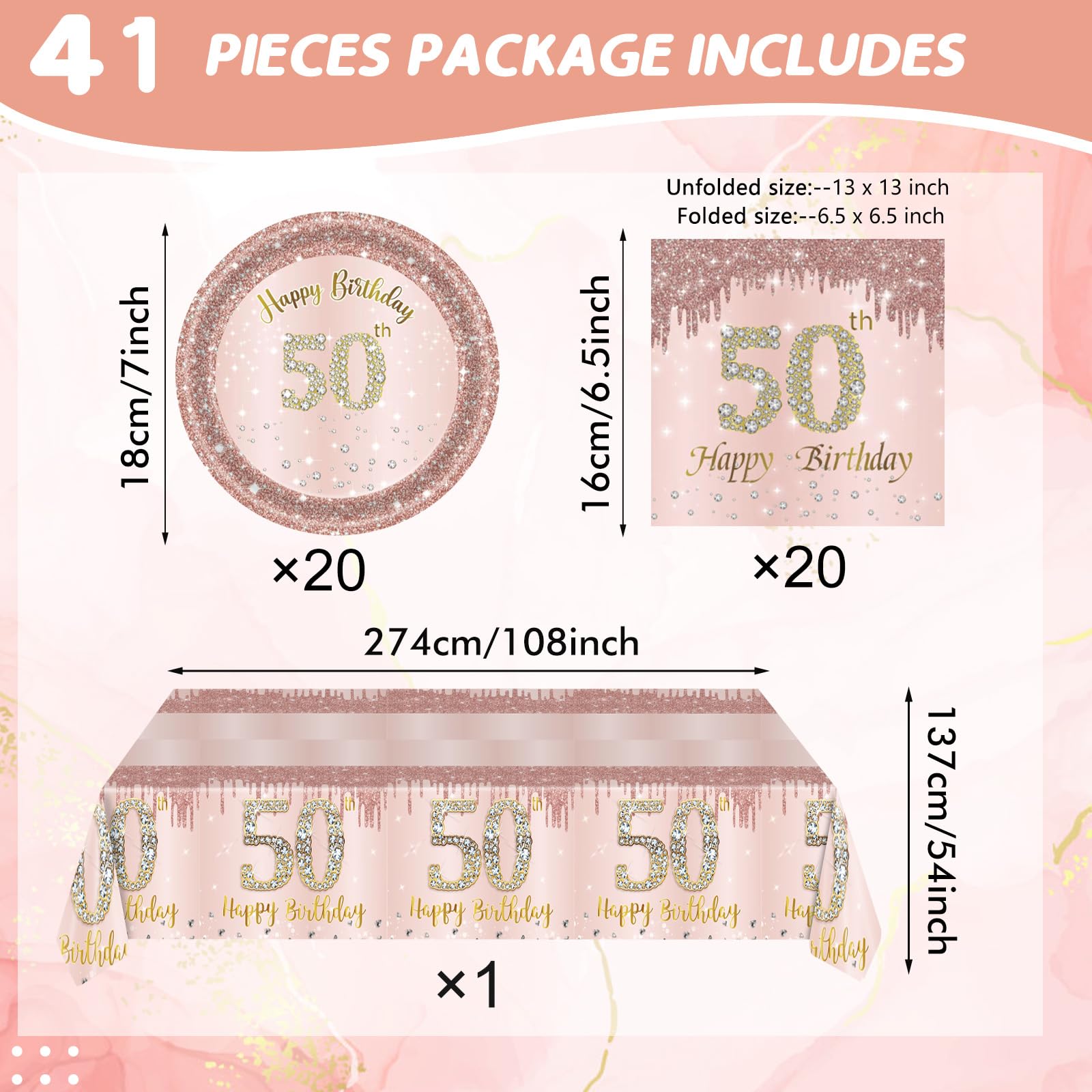 41Pcs 50Th Birthday Decorations, Rose Gold Birthday Party Supplies Include 20Pcs Plates 20Pcs Napkins And 1Piece Tablecloth, Swe