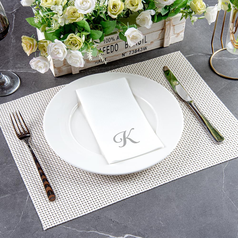 Luxenap 15.8 X 7.9 Inch Linen-Feel Guest Towels, 50 Lettered Hand Towels - Silver Letter 'K', Cursive Font, White Paper Dinner N