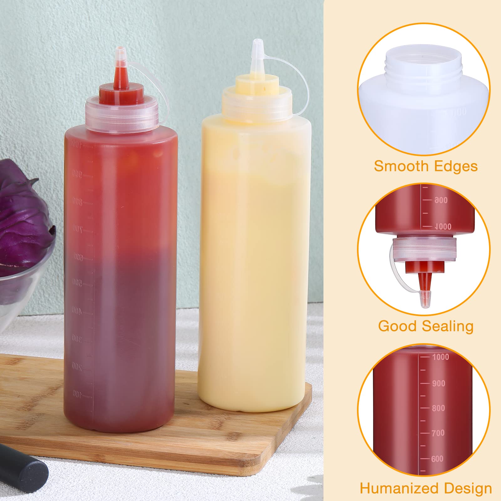 Hoolerry 16 Pieces 32 Oz Squeeze Bottle Plastic Condiment Squeeze Bottles With Twist On Cap Lids And And Discrete Measurement Sa