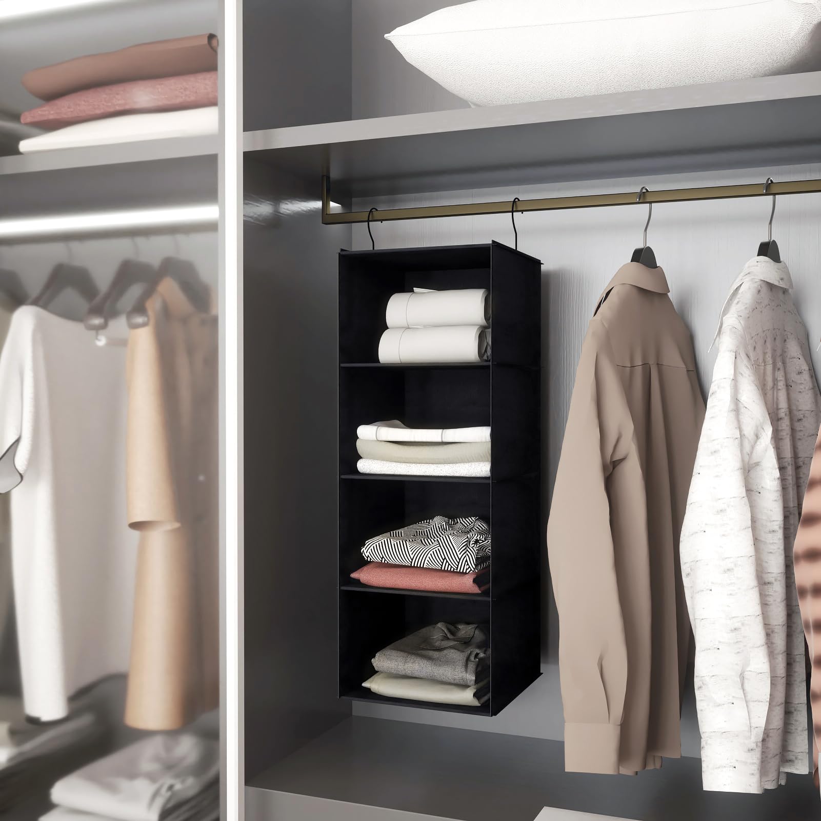 Donyeco Hanging Closet Organizer, Easy Mount Foldable 4-Shelf Hanging Closet Wardrobe Storage Shelves, Clothes Handbag Shoes Acc