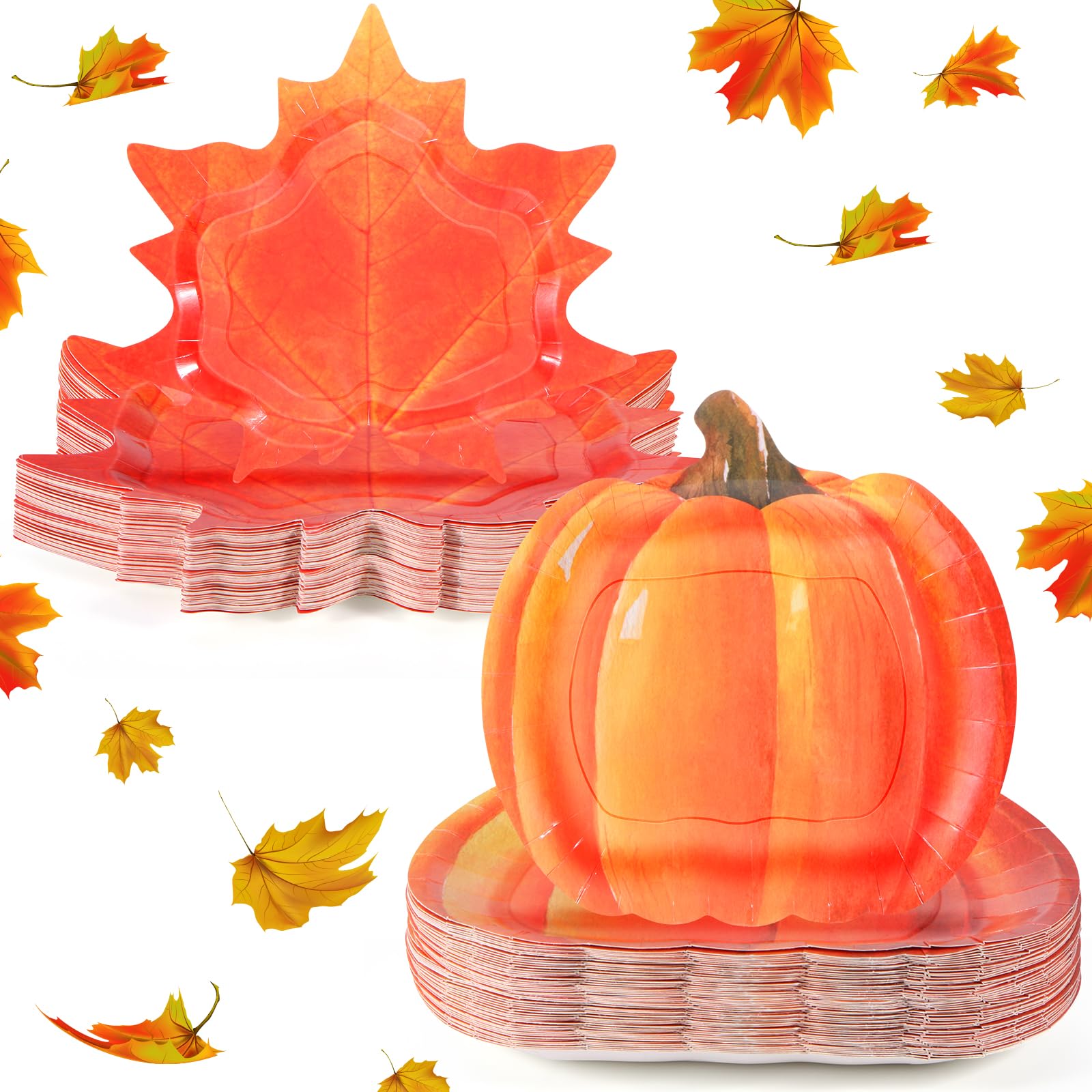 Piklodo 60 Pcs Fall Thanksgiving Paper Plates Autumn Disposable Dessert Party Plates 9 Inch Maple Leaf Pumpkin Plate Orange Pape