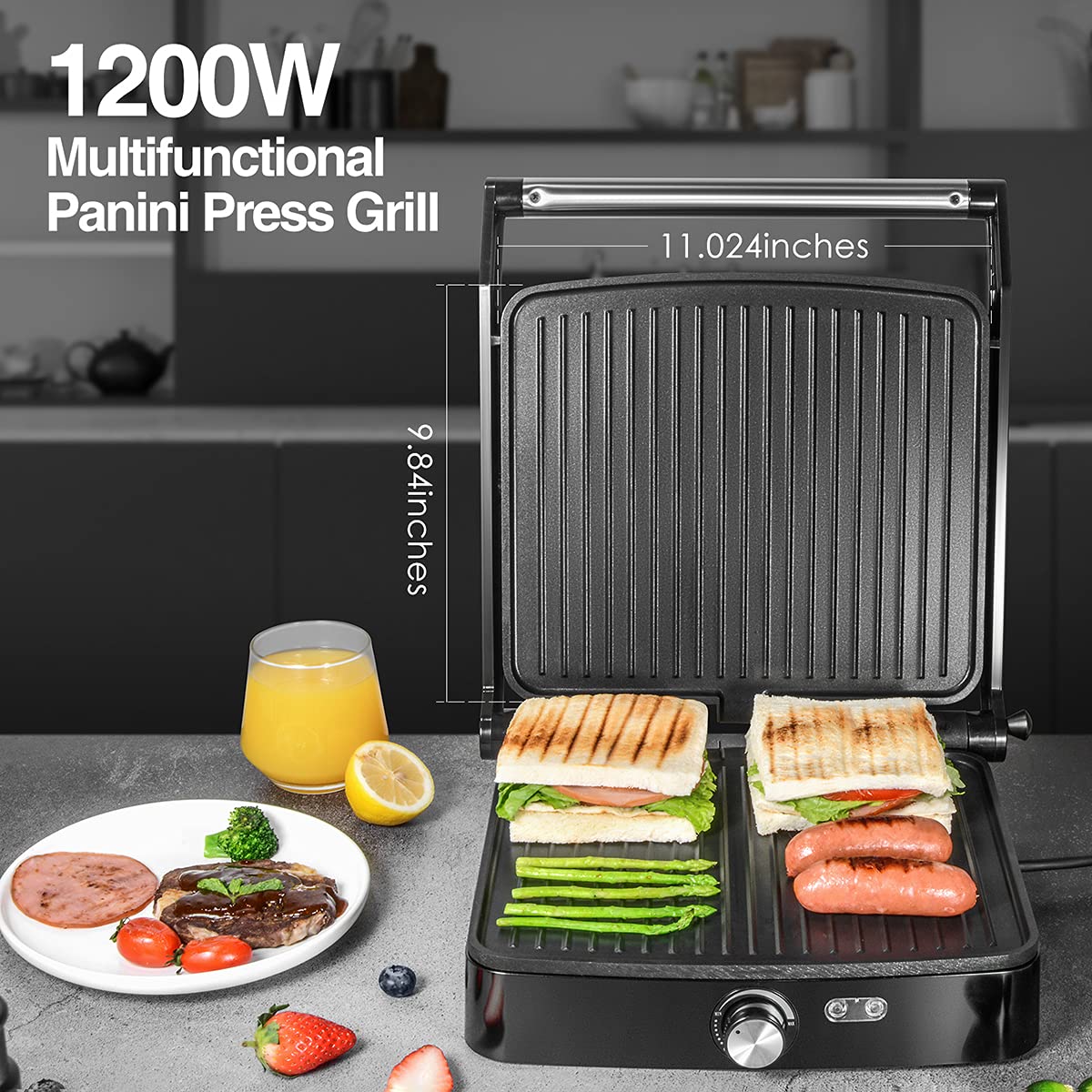 Ostba Panini Press Grill Indoor Sandwich Maker With Temperature Setting, 4 Slice Large Non-Stick Versatile Grill, Opens 180 Degr