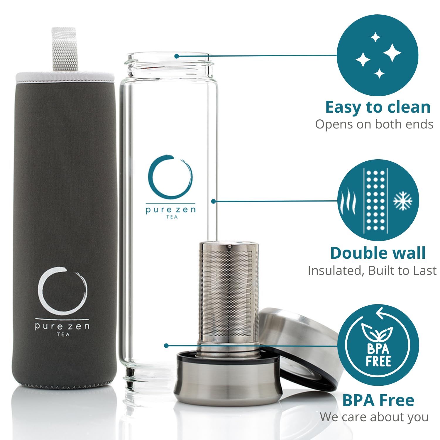 Pure Zen Tea Tumbler With Infuser - Double Wall Glass Travel Tea Mug With Stainless Steel Filter - Leakproof Tea Infuser Bottle
