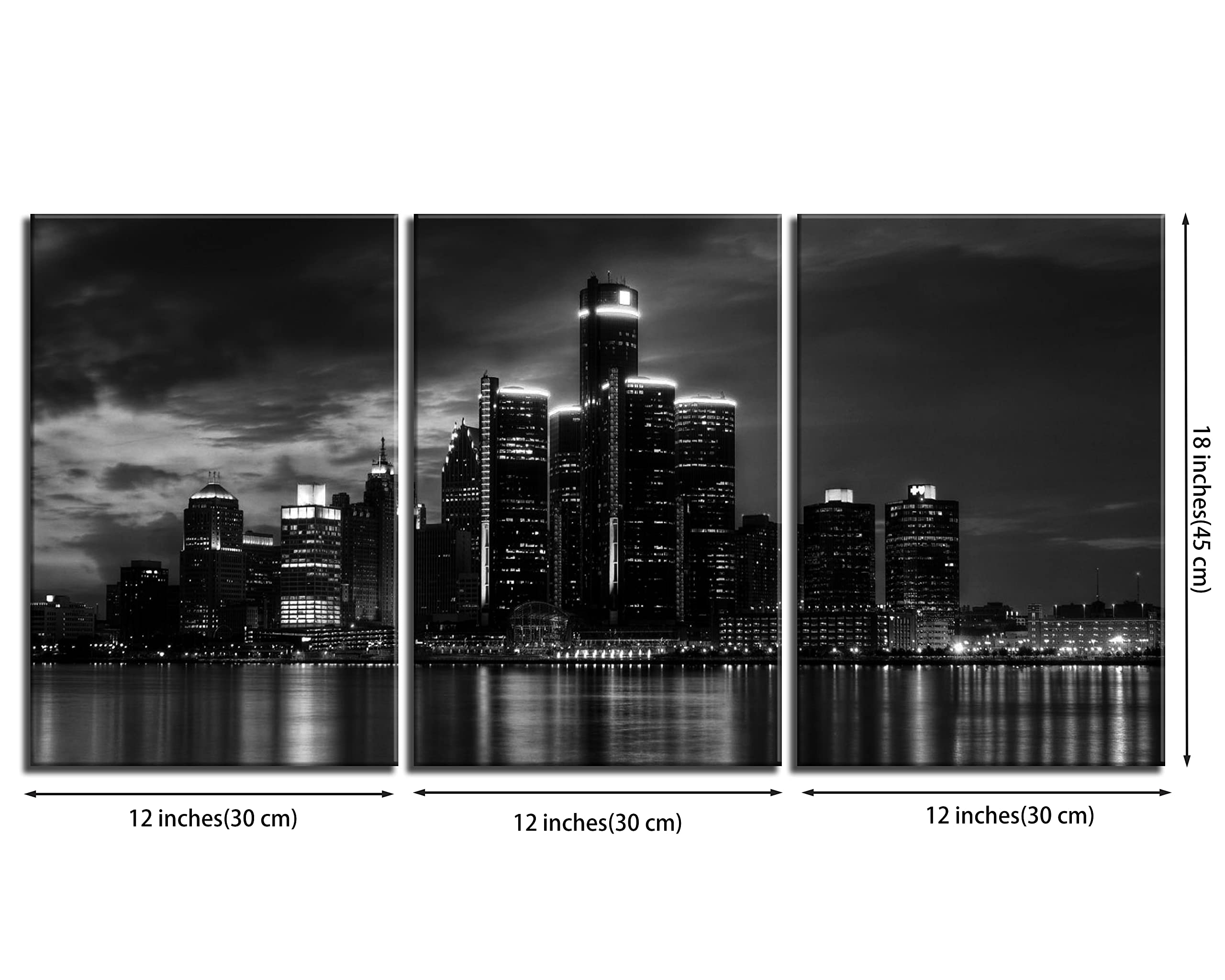 Nan Wind 3 Pcs Wall Art Beautiful Detroit Skyline Black & White Canvas Art Paintings For Room Decor Cityscape Skyscrapers Night