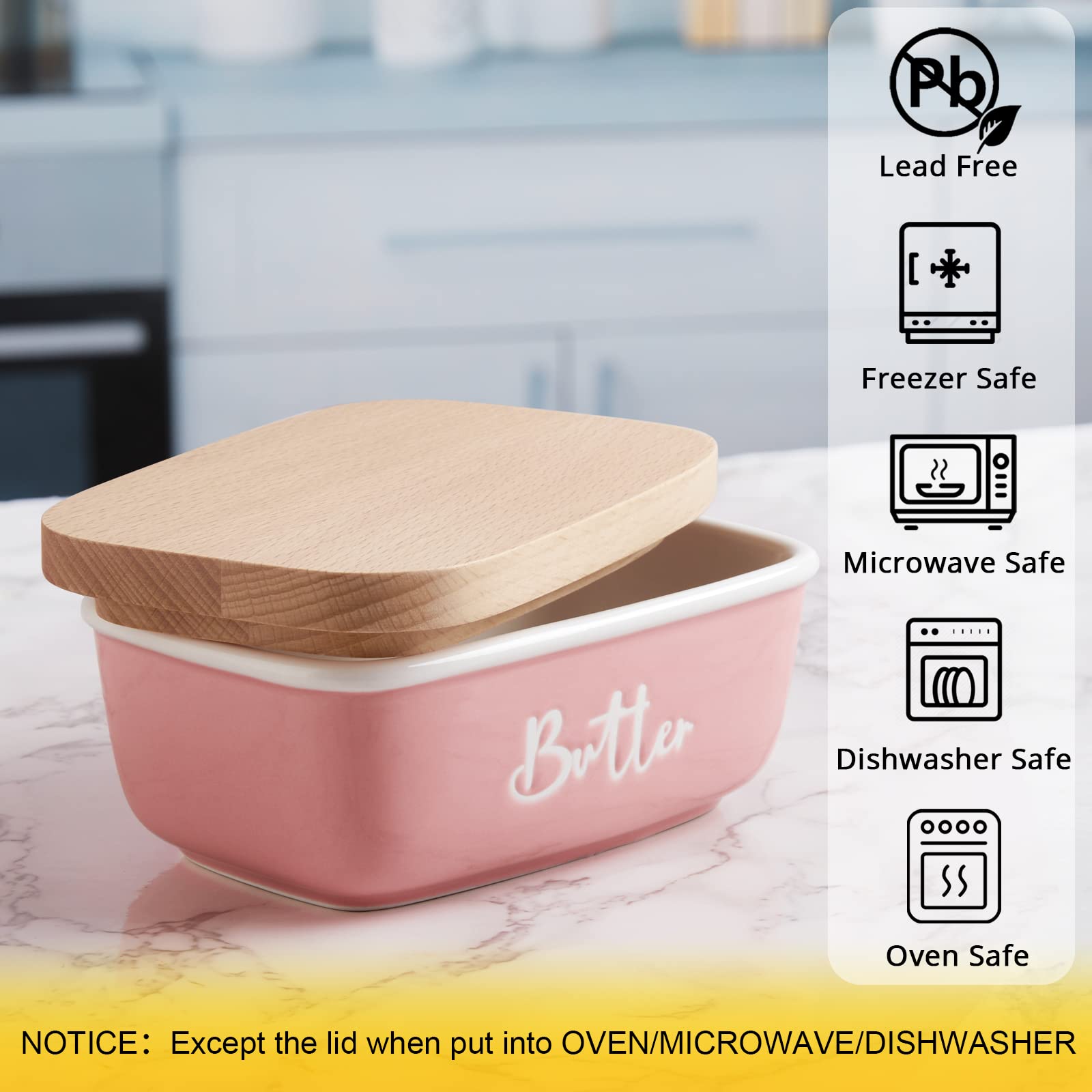 Alelion Pink Butter Dish With Lid For Countertop - Ceramic Farmhouse Butter Keeper Container With Thick Beech Wood Lid - Pink Ki