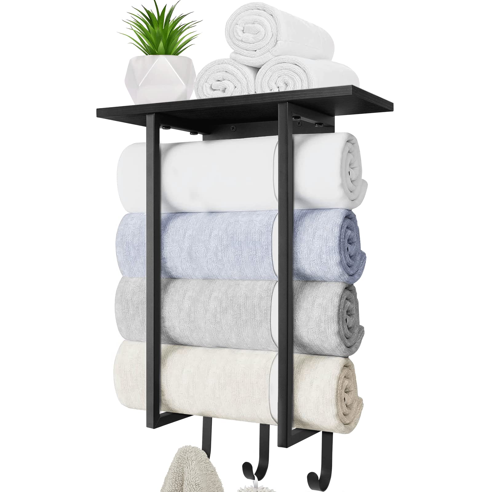 Eliteroo Towel Holder For Bathroom Wall, Towel Rack With Shelf And Hooks, Hanging Towel Organizer For Small Bathroom Storage, Wo