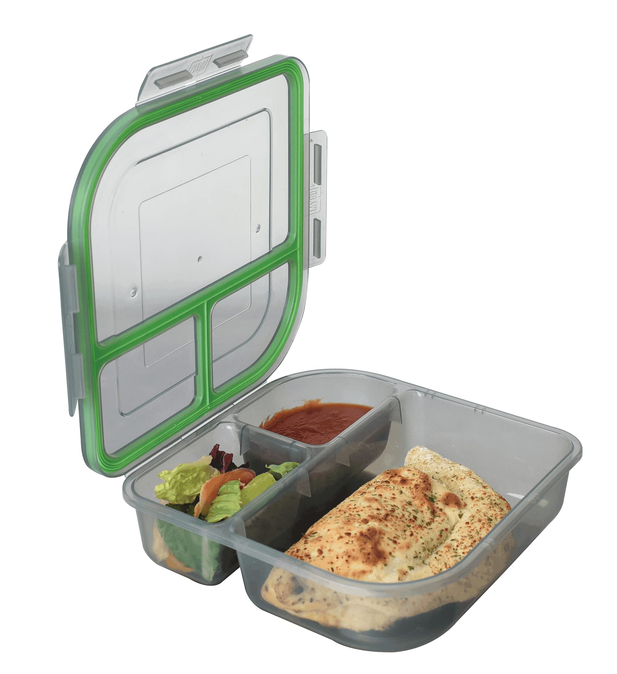 MyGo Container Small To-Go 3-Compartment Food Container, 8 x 8 x 2-1/2, Reusable, Microwave Safe, NSF Certified, Smoke/Green