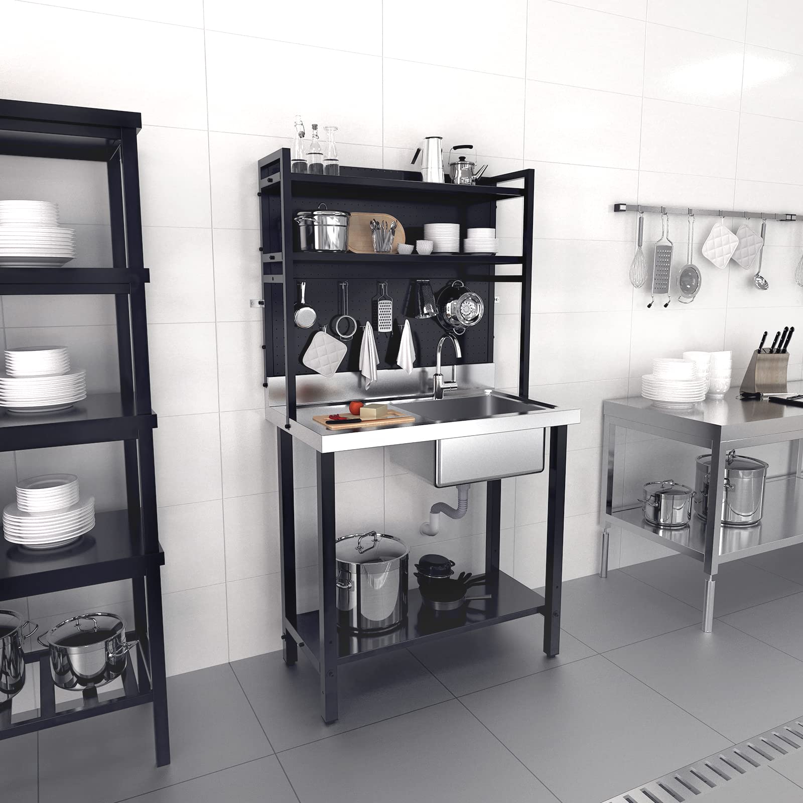 Vingli 67'' Commercial Sink With Drainboard And Adjustable Shelves Pegboard For Hanging Tools, 304 Stainless Steel Table Freesta