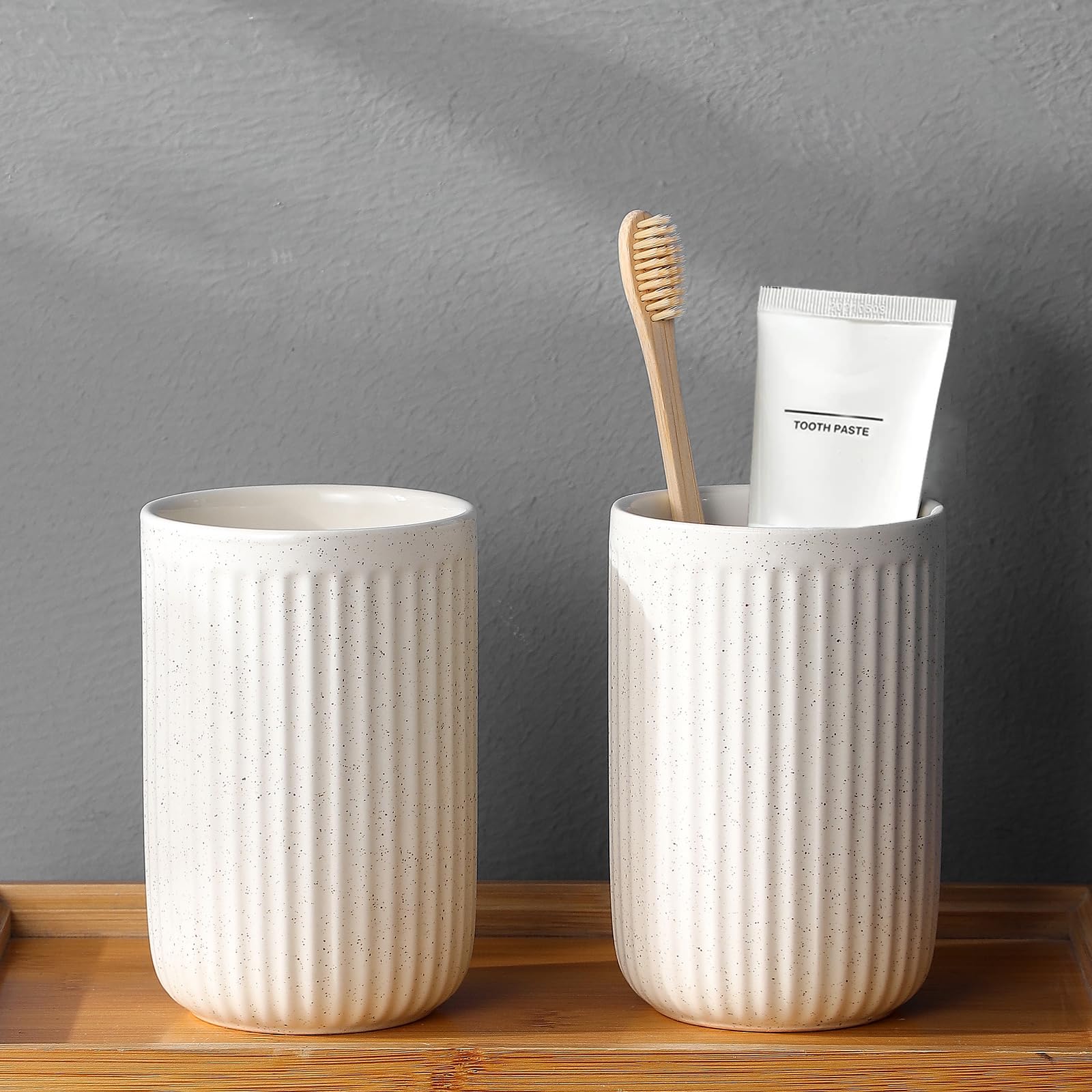 Bsdisp Toothbrush Holders For Bathrooms - 2 Cups Ceramic Toothbrush Toothpaste Holders Set, Beige Bathroom Tumbler Cups Reusable