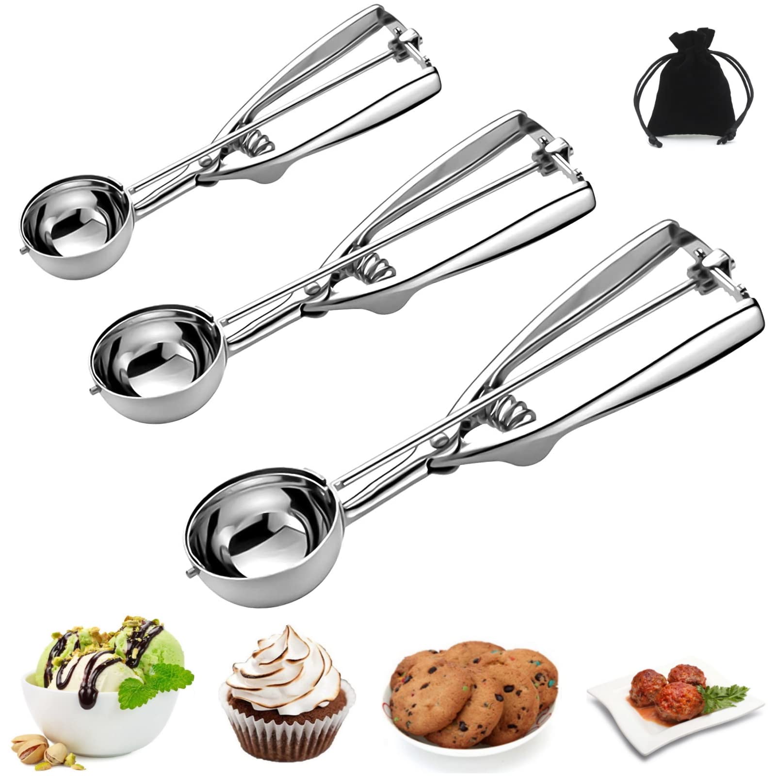 Ice Cream Scoop, 3Pcs Cookie Scoop Set, Stainless Steel Cookie Scoops For Baking Set Of 3, Cookie Scooper For Baking, Ice Cream