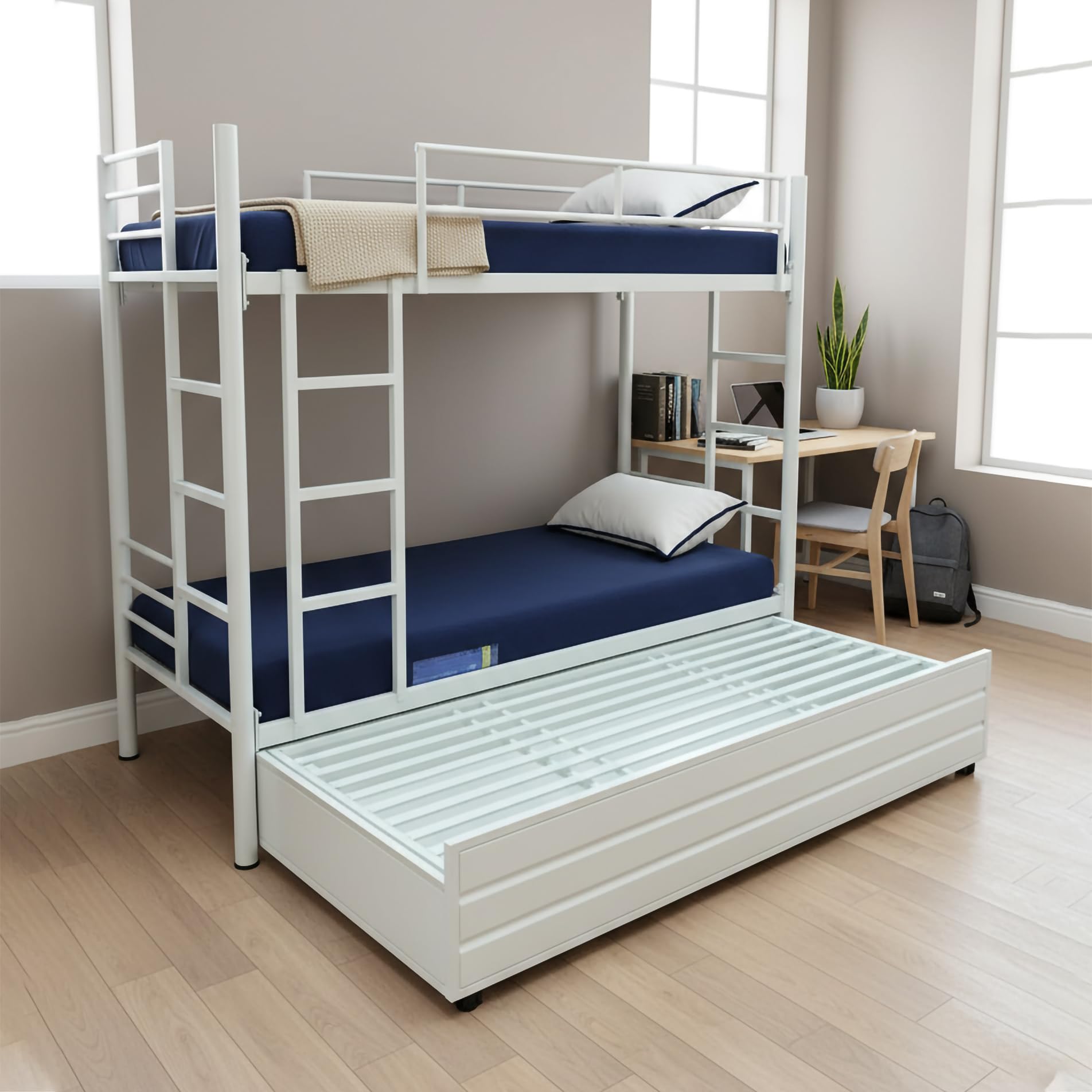 S K Grill Art Wrought Iron Bunk Bed With Storage Box Without Mattress For Adults Metal Frame (White Powder Coated, 3 X 6 Feet), 