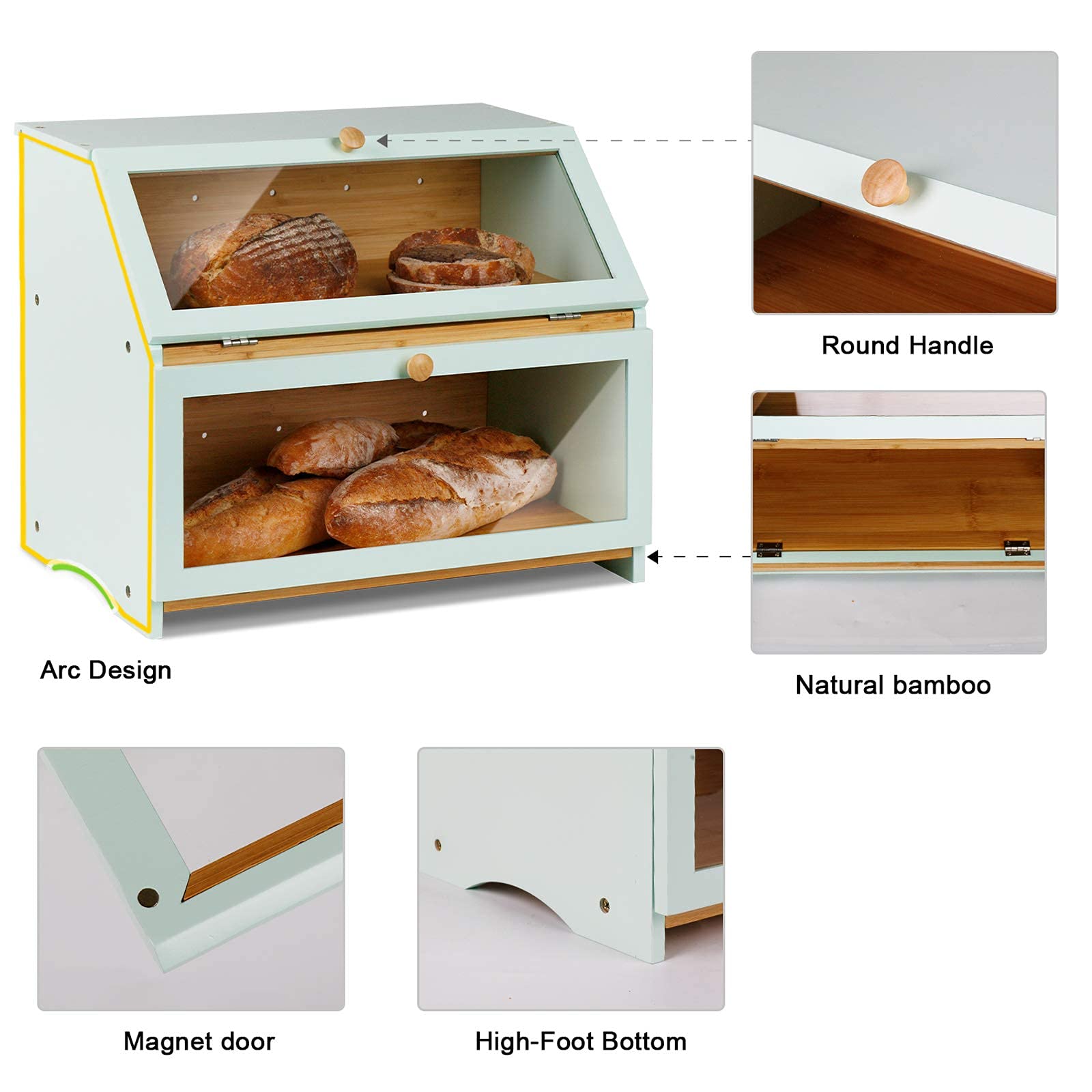 Homekoko Double Layer Large Bread Box For Kitchen Counter, Wooden Large Capacity Bread Storage Bin (Mint Green)