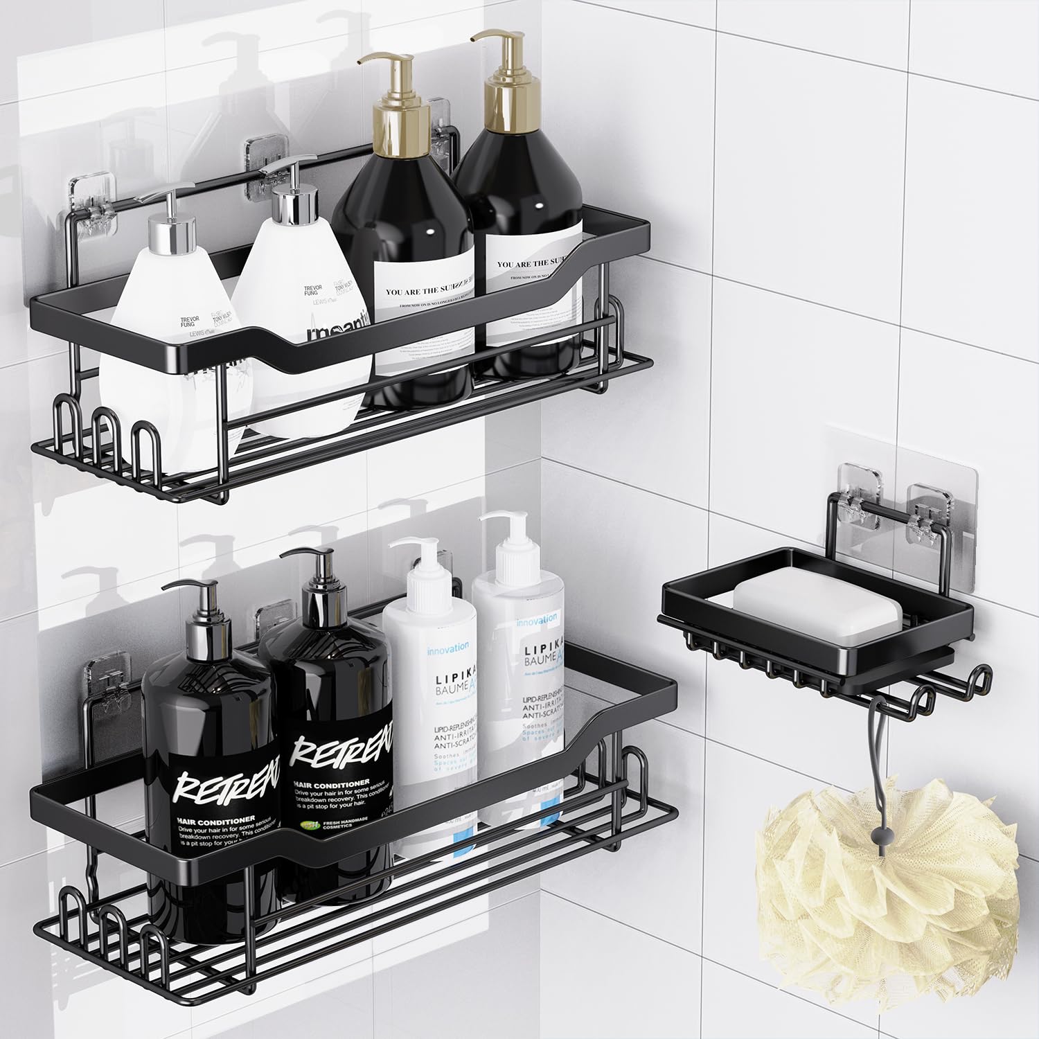 BATHDESIGN Shower Caddy Shelves Organizer, 3 Pack with Soap Holder, No Drilling Wall Mounted Self Adhesive Shelves, Matte Black