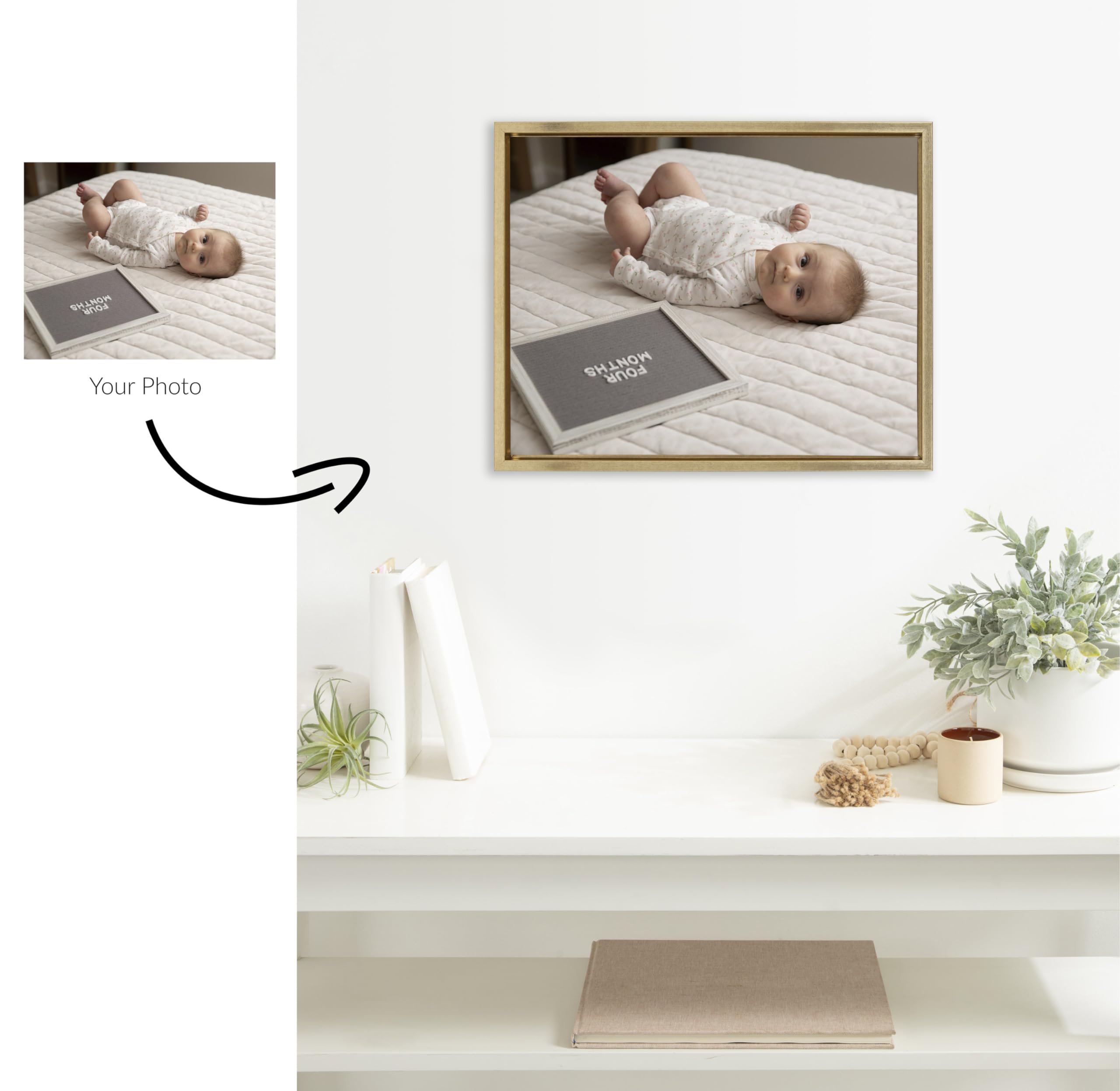 Kate And Laurel Sylvie Custom Printed Framed Canvas Wall Art, 20X16 Bright Gold, Personal Canvas Print With Your Photos For Bedr