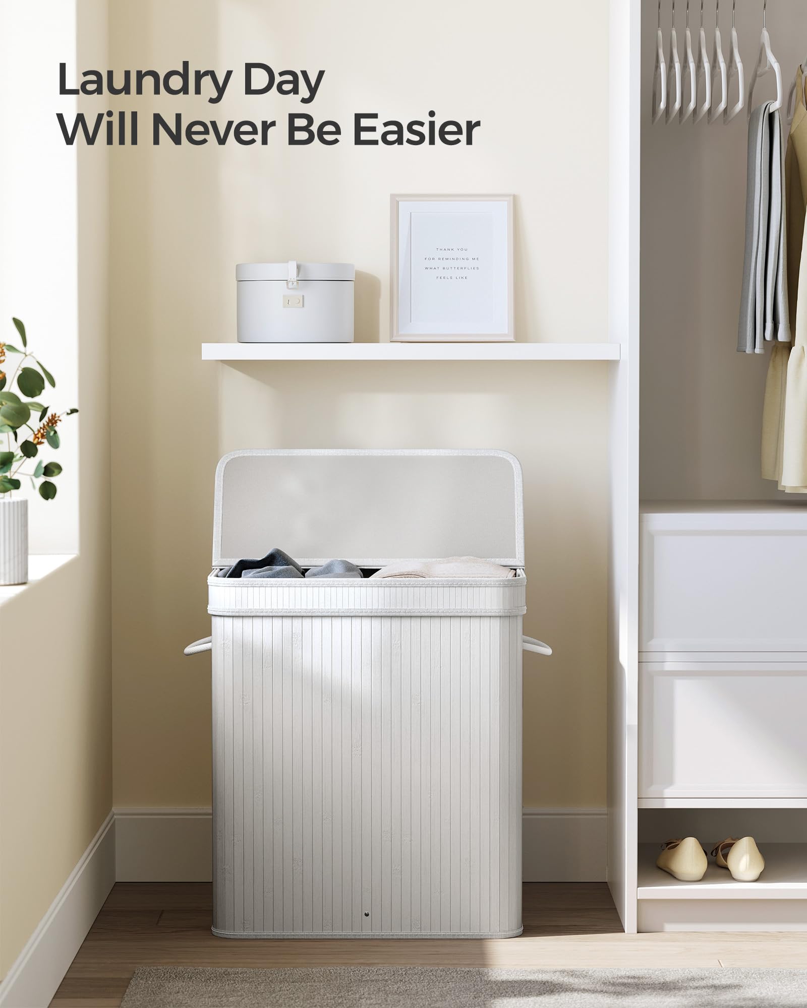 Songmics Laundry Hamper With Lid, Bamboo Laundry Basket, Removable Machine Washable Laundry Basket, With Handles, 26.4-Gallons,