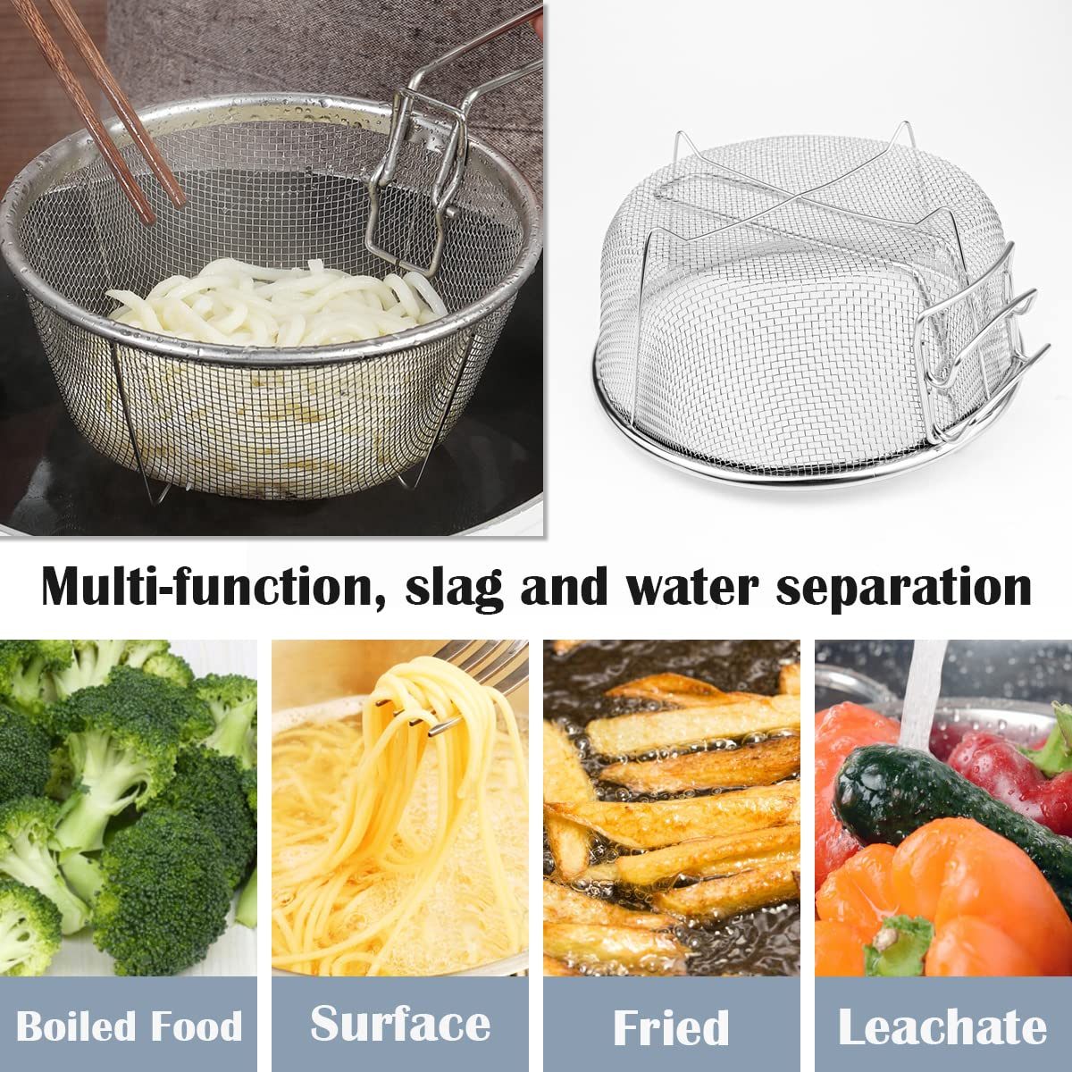 Stainless Steel Drain Basket, Multifunctional Foldable Deep Fry Basket - Round Wire Mesh French Chip Frying Serving Food Present
