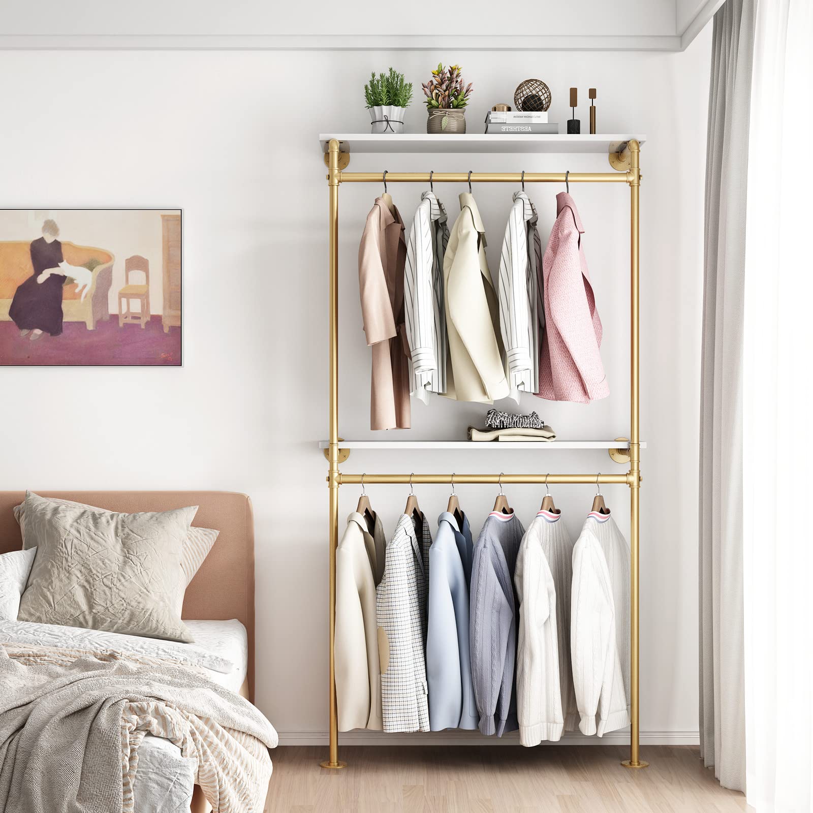 Dr.Iron Gold Pipe Clothing Racks With 2 Tier Shelves, Wall Mounted Gold Clothes Rack With Double Hanging Rods Heavy Duty Garment