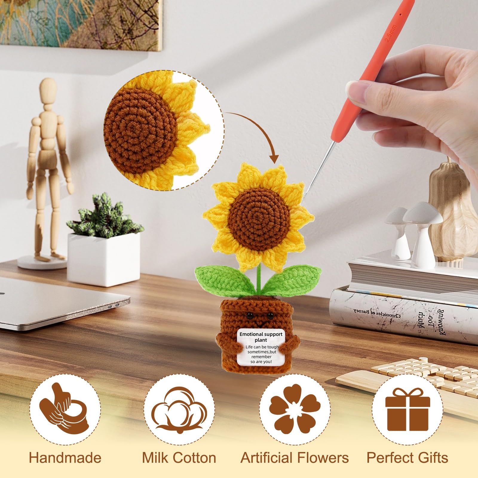 YiQiYi Positive Crochet Sunflower with Card Artical Flowers Emotional Support Plush Plant Crochet Sunflowers Home Office Desk Ca