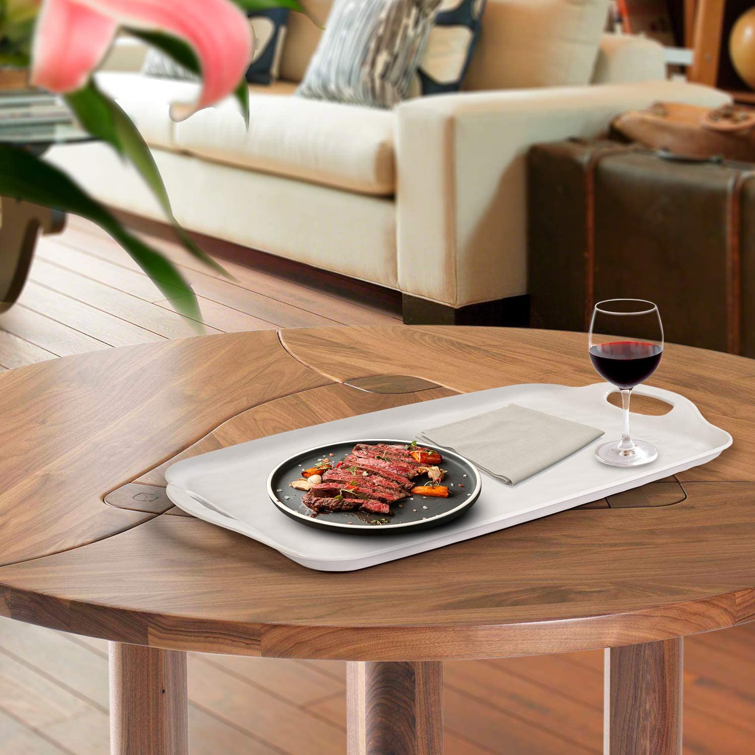 Tp Serving Tray With Handles, 17 '' Inch Large Rectangle Melamine Serving Platter Set Of 2, Pure White