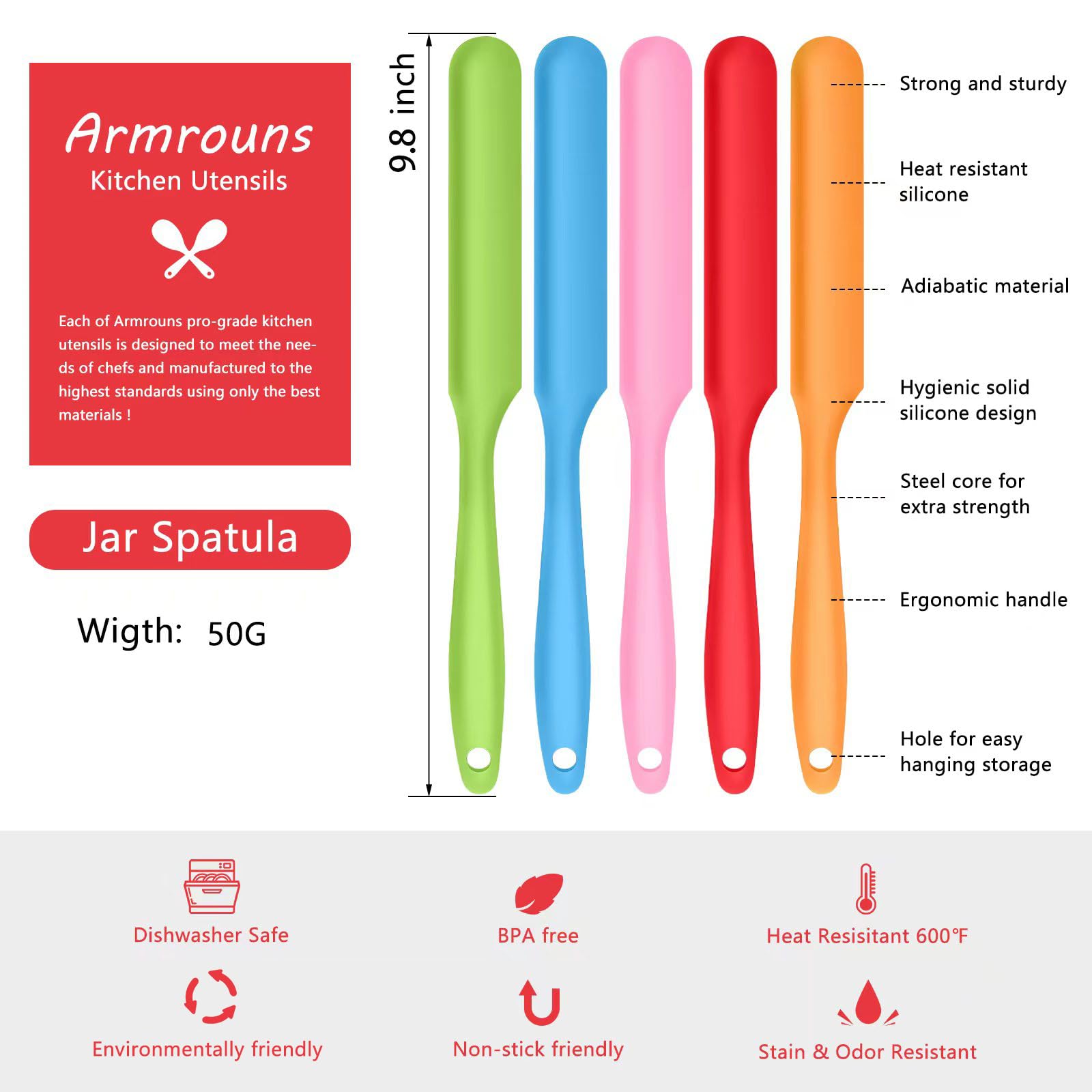 Armrouns 5Pcs Silicone Jar Spatulas Set, Cake Cream Spatulas Set, 9.8 Inch Non-Stick Heat Resistant Mixing Butter Spatulas Bakin