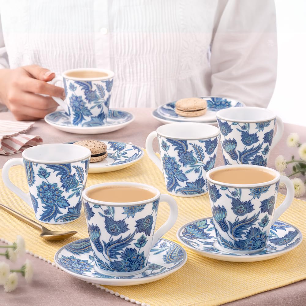 Larah By Borosil Premia Series New Iris 12Pc Opalware Tea/Coffee Mug & Saucer Set (160 Ml Each) | Embossed Design, Microwave & D