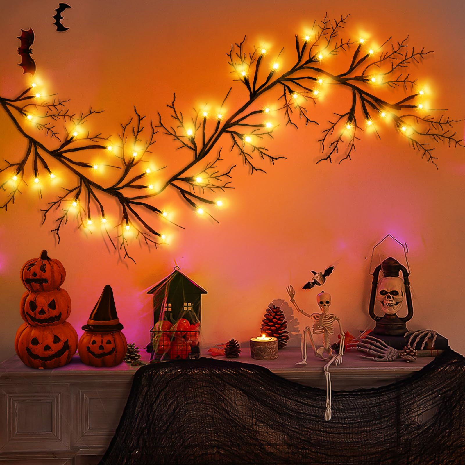 SURCVIO 9 Ft 54 LED Halloween Willow Vine Twig Decor Garland with 8 Modes Timer Waterproof Battery Operated Scary Halloween Deco