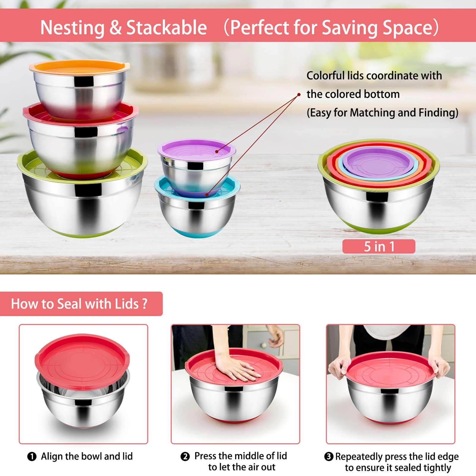 Teamfar Mixing Bowls With Lids Set, 1/1.5/2.5/3.5/7 Qt, Stainless Steel Large Metal Nesting Salad Bowl Set Of 5, Healthy & Sturd