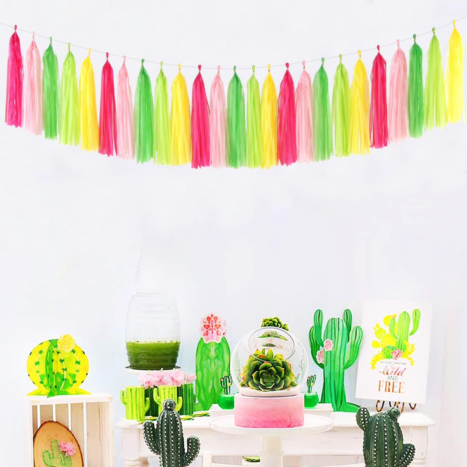 Hawaiian-Themed Pool Party-Decorations Tassel Garland - 25pcs Tropical Jungle Aloha Birthday Streamers,Pink Rose Yellow Green Su