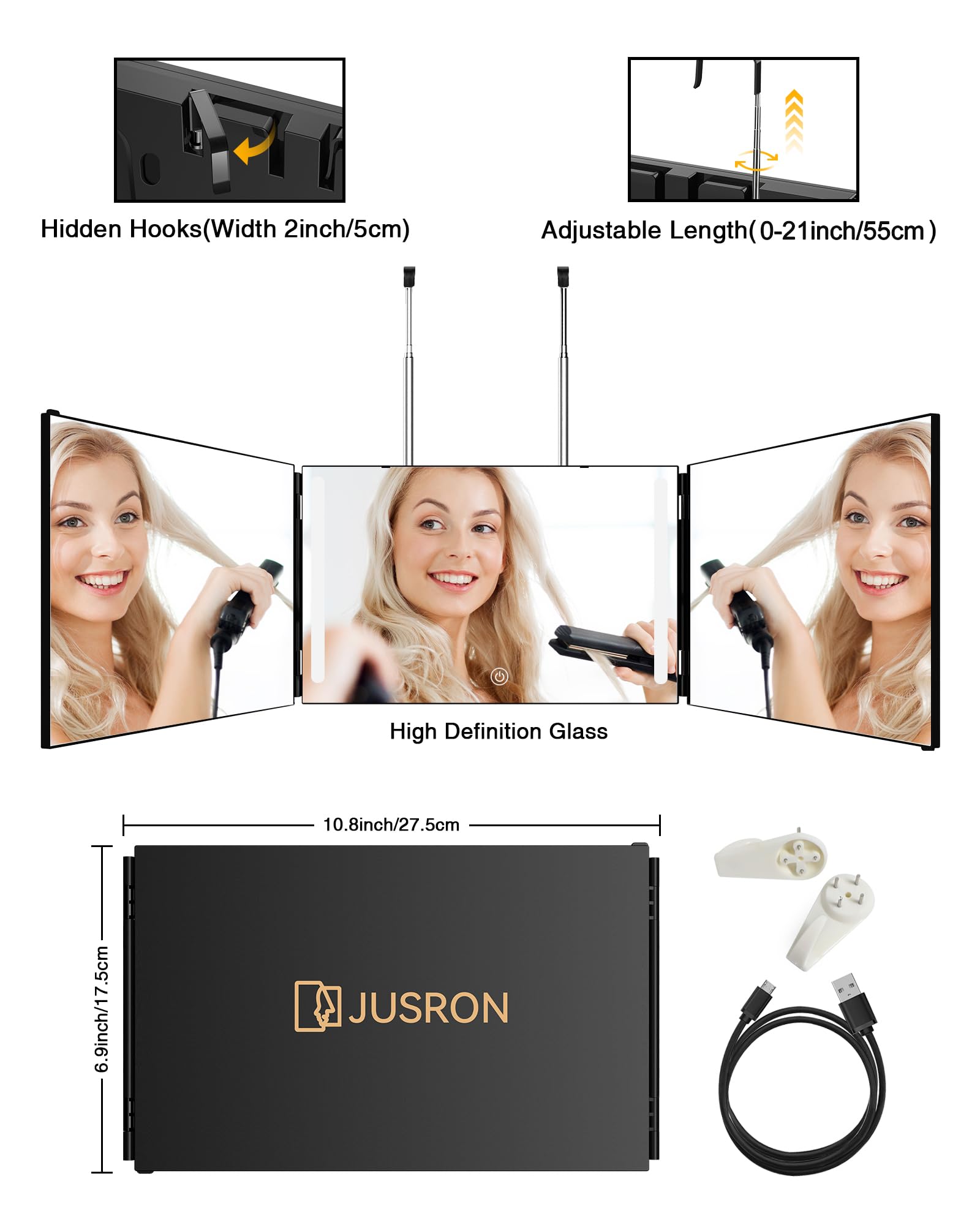 JUSRON 360° Viewing Angle Self Hair Cutting Mirror, Anti-Fog HD Glass, USB Rechargeable, Portable, 12.4"L x 7.5"W, Black with LED