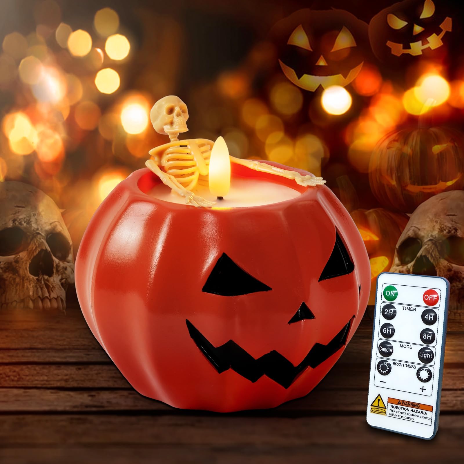 Halloween Decor-Flameless Pumpkin Candles, Real Wax Halloween Skeleton Candles, Flickering Battery Operated Candle with Remote f