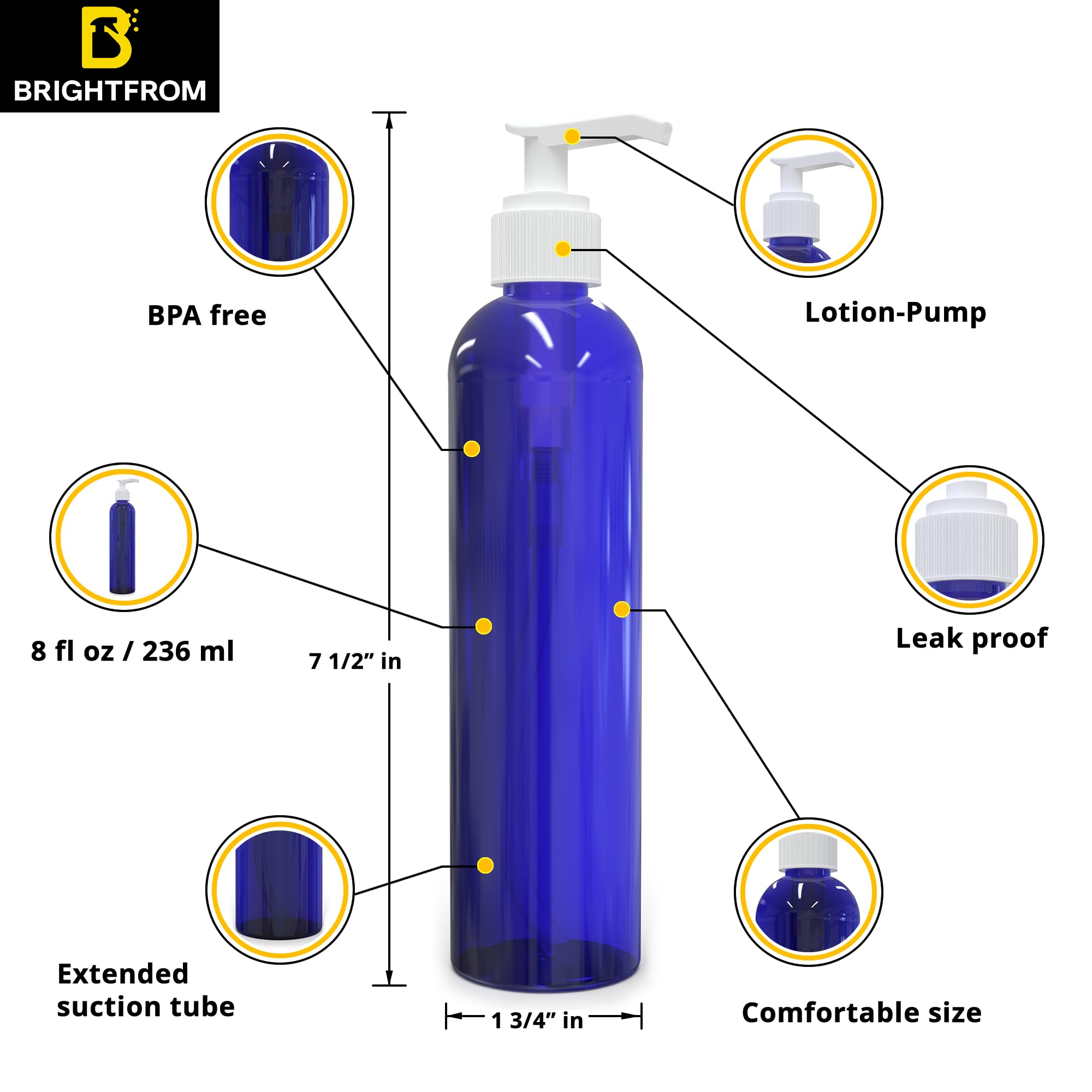 Brightfrom Empty Lotion Pump Bottles, 8 Oz Bpa-Free Refillable Plastic Containers, Pete1 Cobalt-Blue, Great For - Soap, Shampoo,