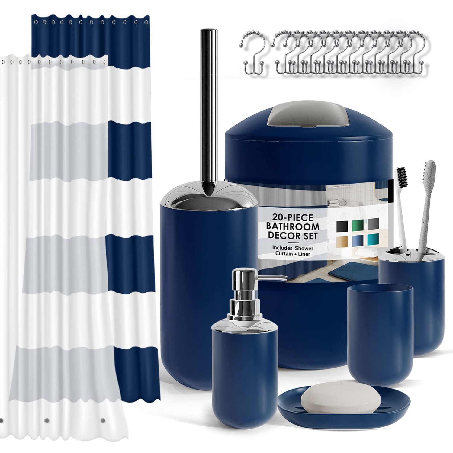 Clara Clark Bathroom Set - Navy Bathroom Accessories Set, 20Pc Bathroom Accessory Set, Shower Curtain Set With Liner, Toothbrush