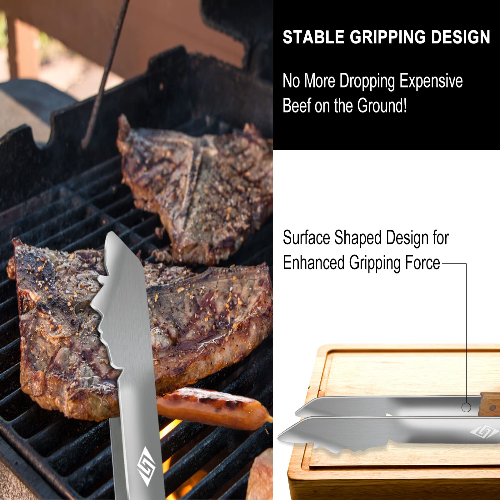 Heavy Duty Bbq Grill Tongs For Outdoor Grill,17 Inch Long Grill Tool, Metal Barbecue Utensil, Wooden Handle, Fun Barbecue Tongs