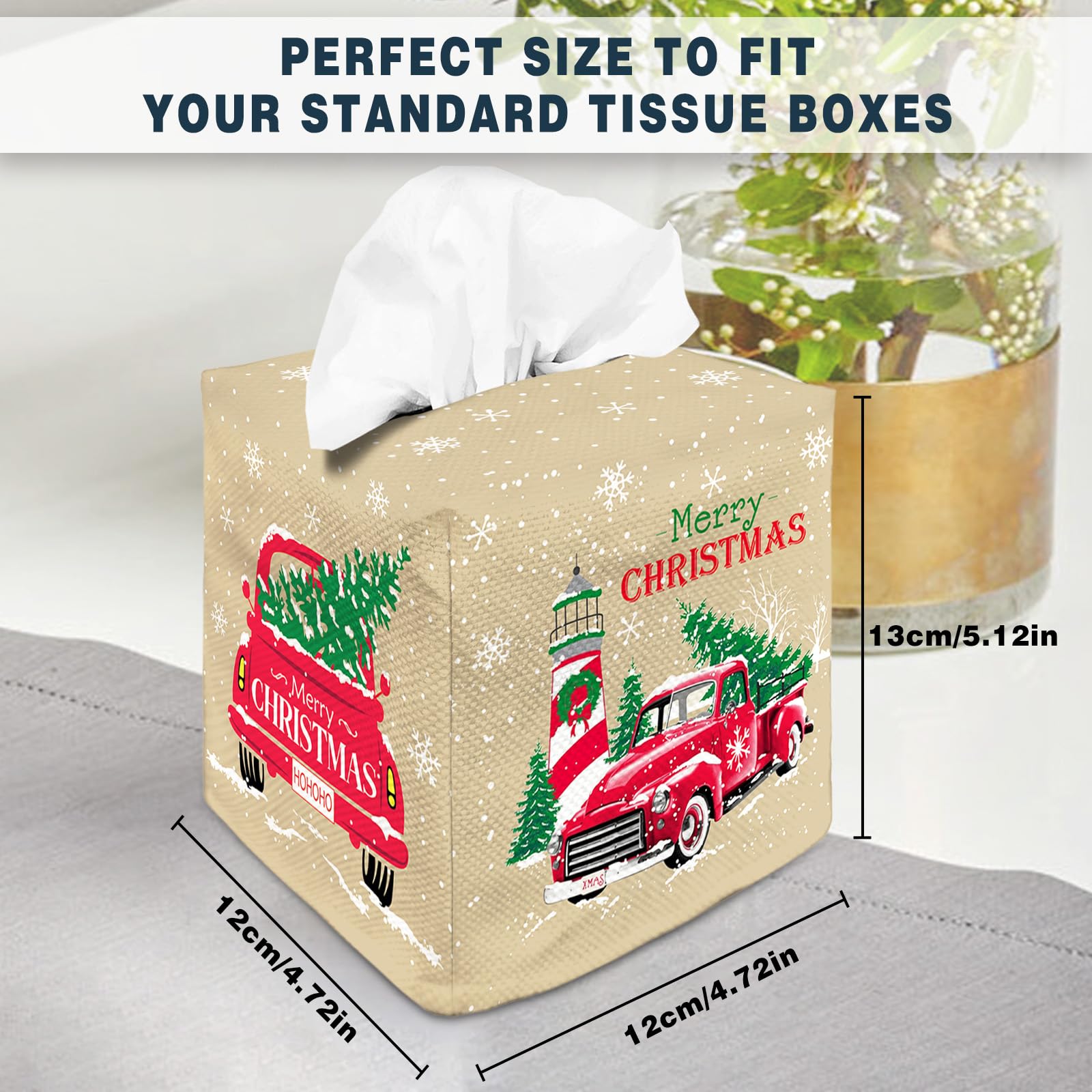Tissue Box Cover Square Canvas Decorative Tissue Box Holder Cute Funny Cube Tissue Case Cover-Xmas Decor Christmas Car Tissue Bo