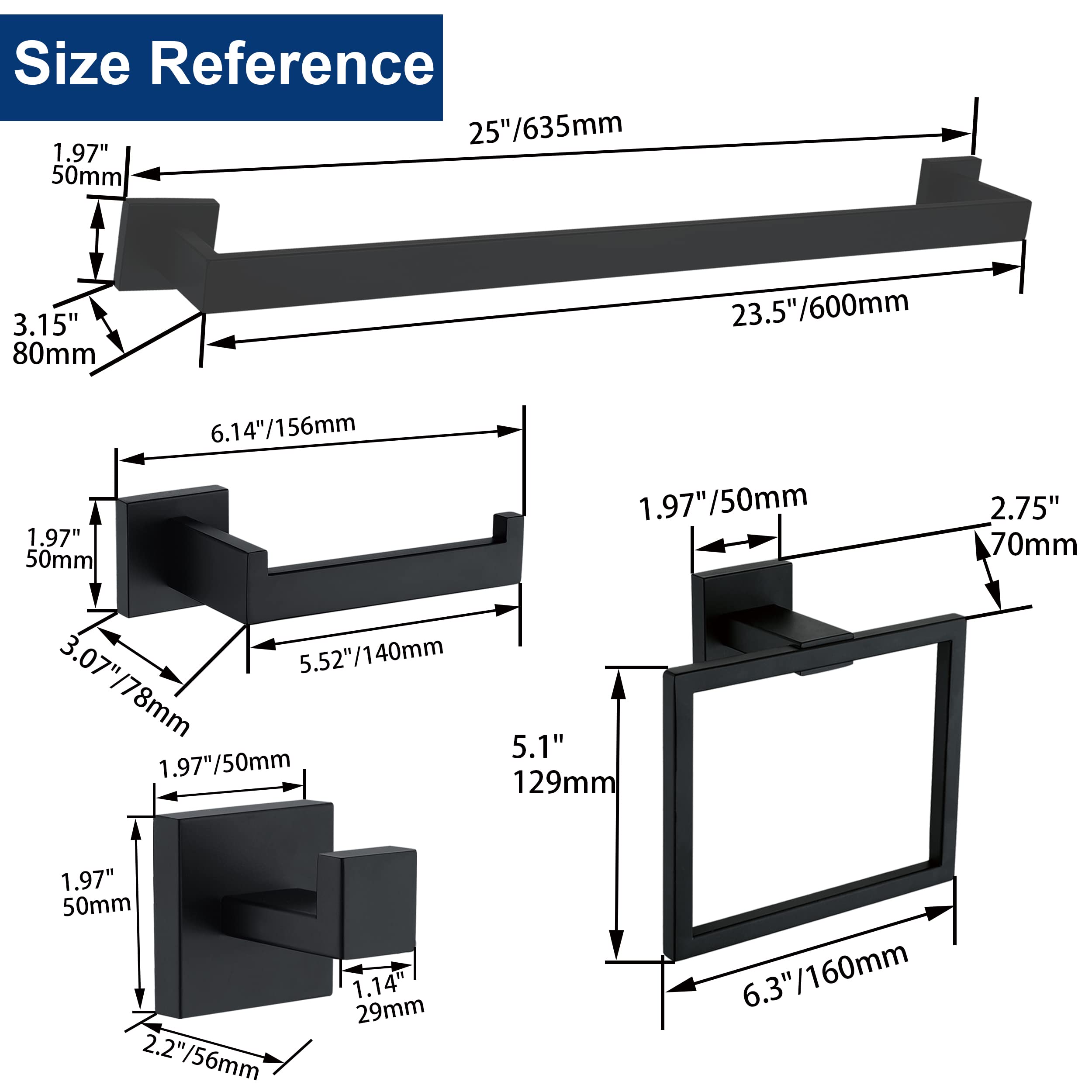Matte Black 5 Piece Bathroom Hardware Set - 24'' Sus304 Stainless Steel Square Towel Rack With Wall Mount Option