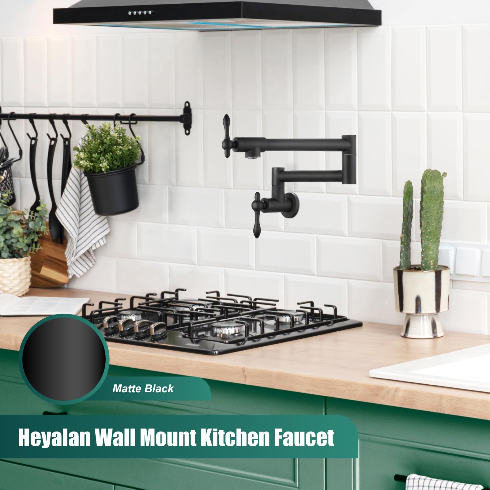 Heyalan Stainless Steel SUS304 Matte Black 19'' Pot Filler Faucet Double Joint Spout Stretchable Swing Arm with Single Hole Two Handles Wall Mounted Commercial Kitchen Faucet