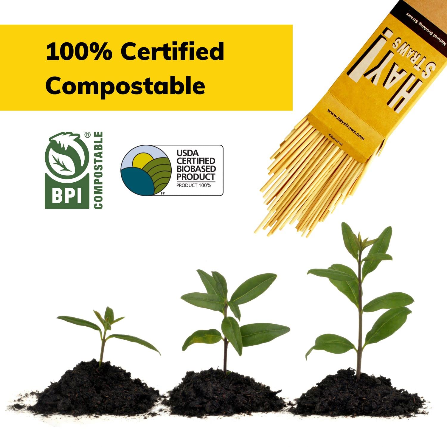 Hay! Straws | 3000Ct. Bulk Straws | 7.75'' | 100% Compostable, 100% Plant-Based, Never Soggy, Gluten-Free | Sustainable Alternat