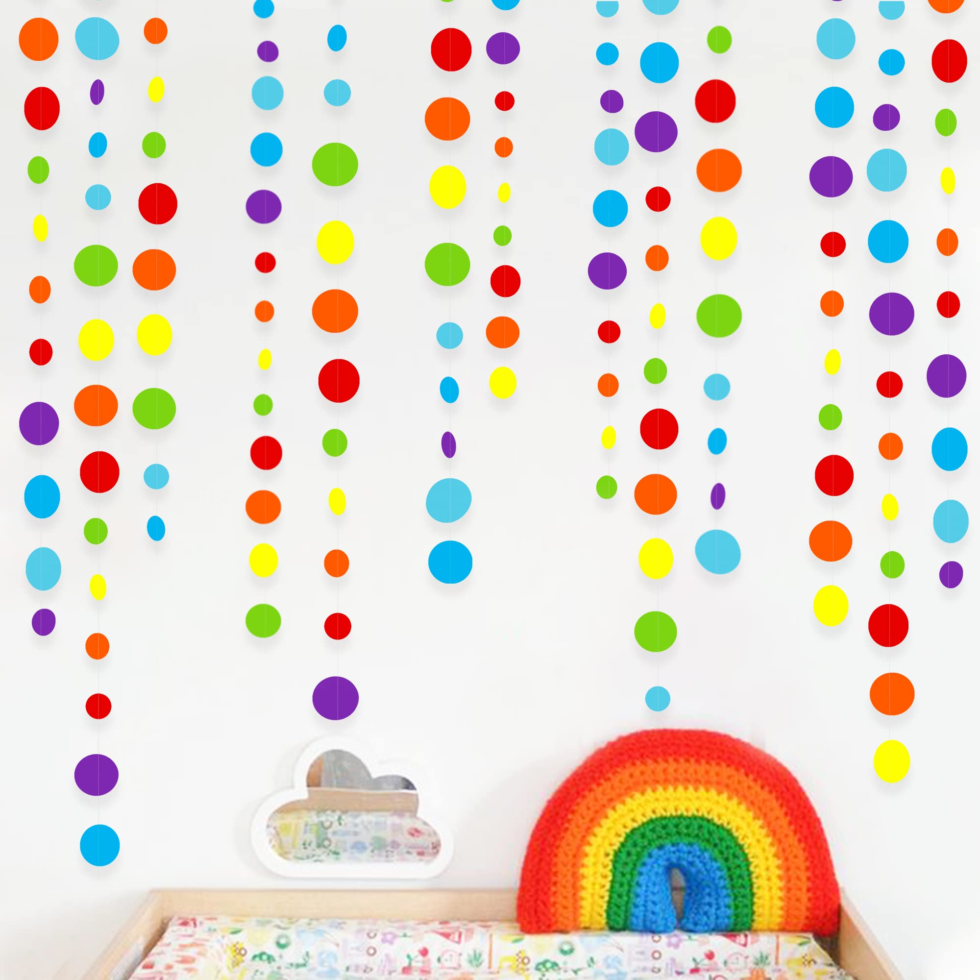 46Ft Rainbow Garland Colorful Circle Dots Hanging Paper Streamer Backdrop Multi Color Polka Dot Banner For Birthday Bachelorette