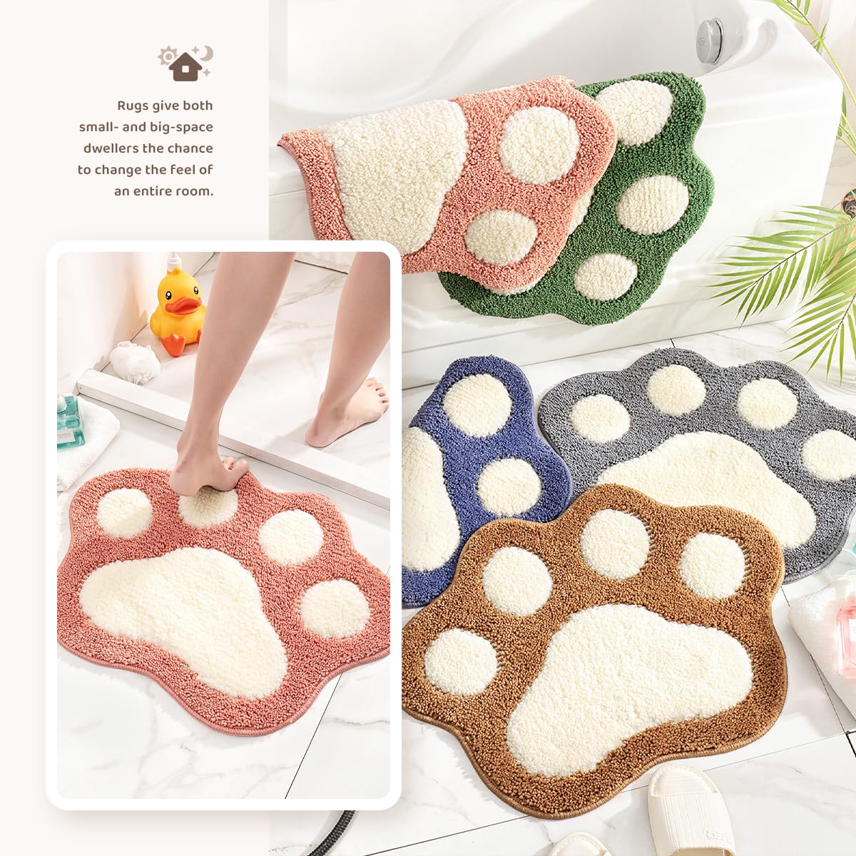 Molesun Paw Shaped Bath Mat, Cute Bathroom Rug Non-Slip, Soft Microfiber Water Absorbent Thick Shower Rug, Machine Washable Bath