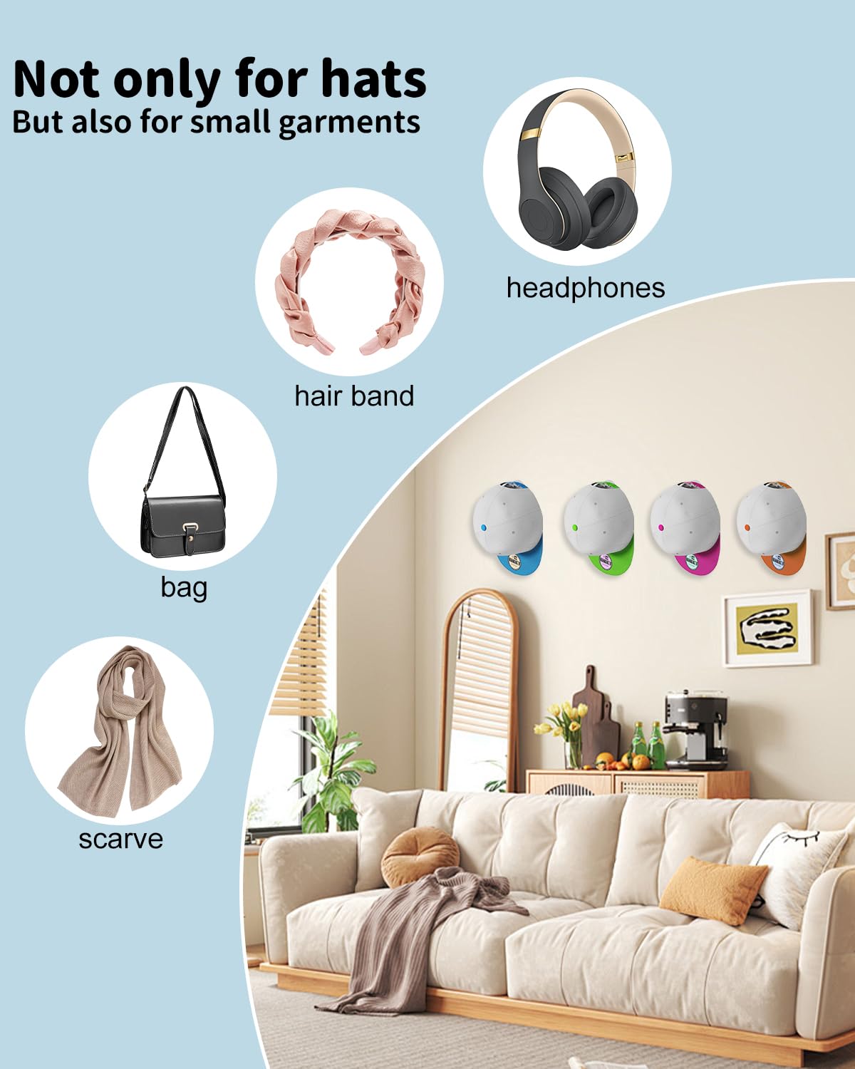 Mskei Adhesive Hat Hooks For Wall - 2 Different Ways Hat Racks To Organize & Display Baseball Caps, Hat Wall Hanger, Hat Organiz