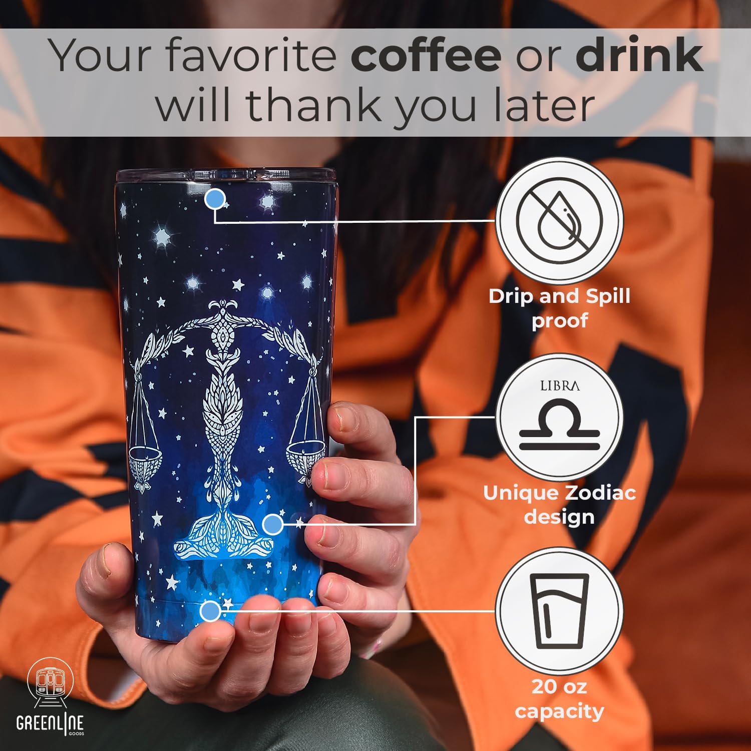Greenline Goods Zodiac Insulated Coffee Tumbler - Libra 20 Oz Metal Drink Cup With Slide Top Lid - Non Slip Silicone Base - Astr