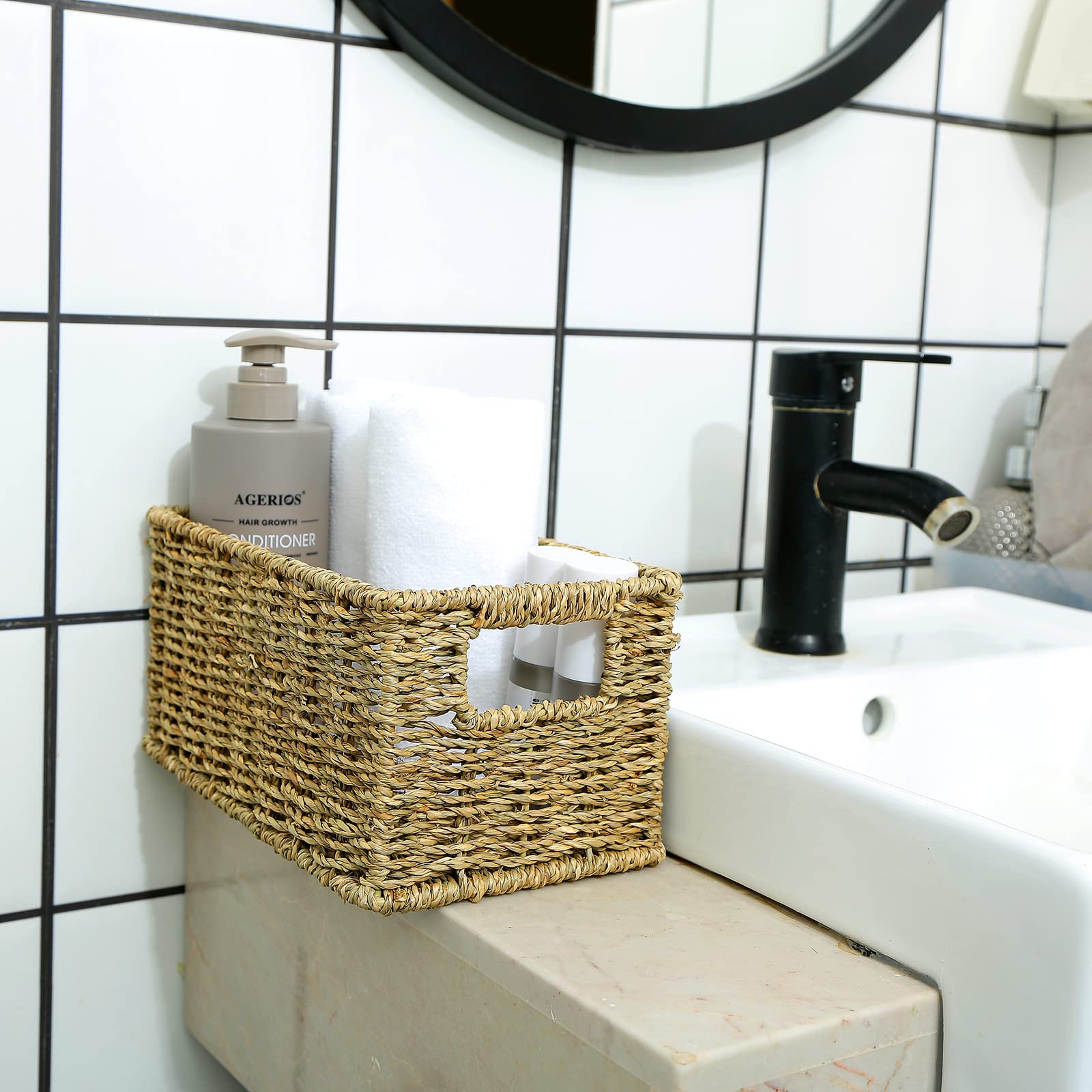 HOONEX Wicker Baskets for Storage  Seagrass Baskets with Dual Handles  Woven Baskets for Shelves  Set of 2  Natural