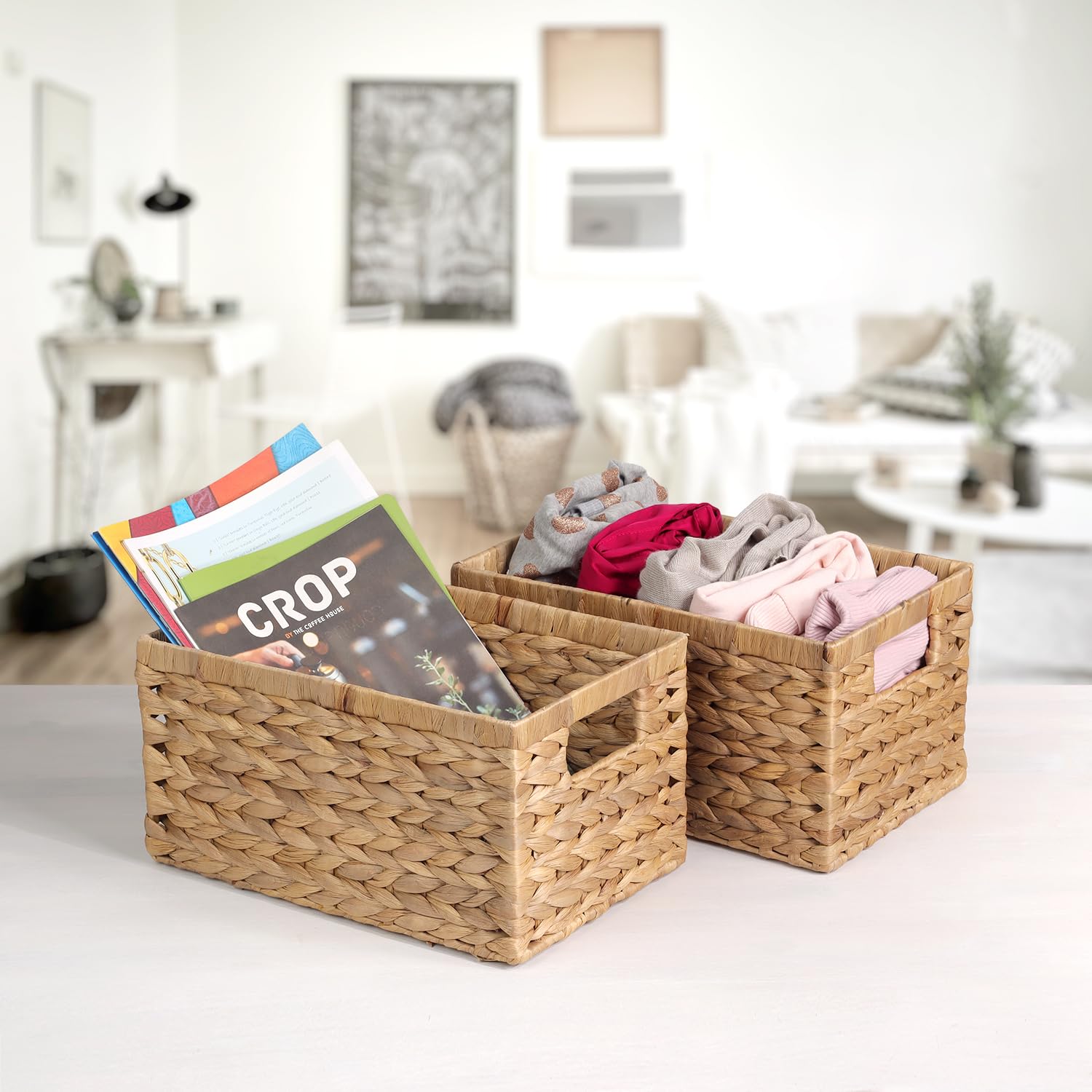 Timberwave Set Of 6 Wicker Storage Baskets, Natural Water Hyacinth Rectangular Woven Baskets - 13'X8'X6.7', For Bedroom, Bathroo
