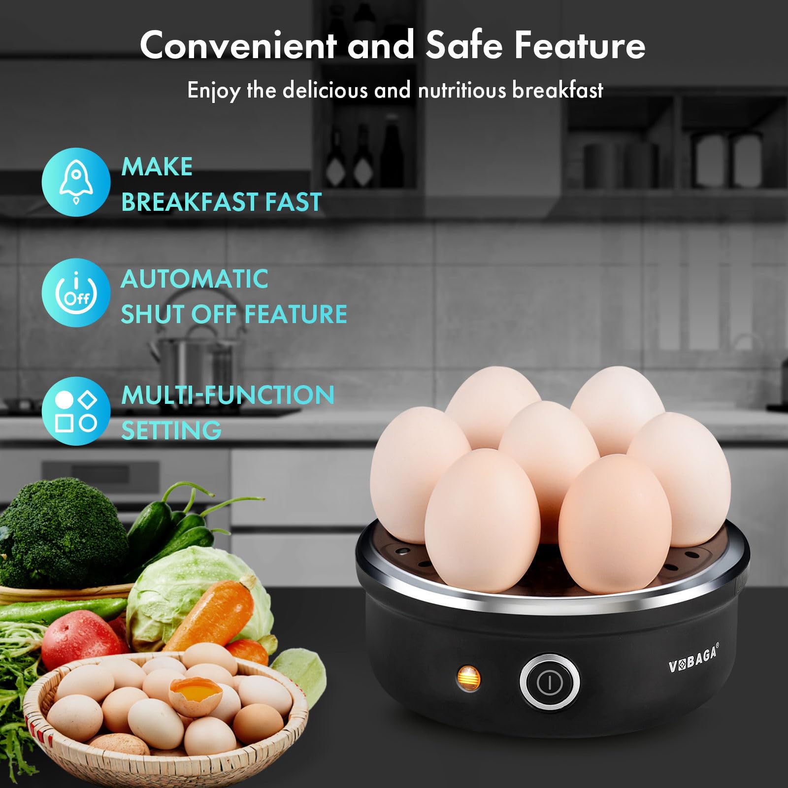VOBAGA Electric Egg Cooker  Rapid Egg Boiler with Auto Shut Off for Soft  Medium  Hard Boiled  Poached  Steamed Eggs  Vegetables and Dumplings  Stainless Steel Tray with 7-Egg Capacity (Black)