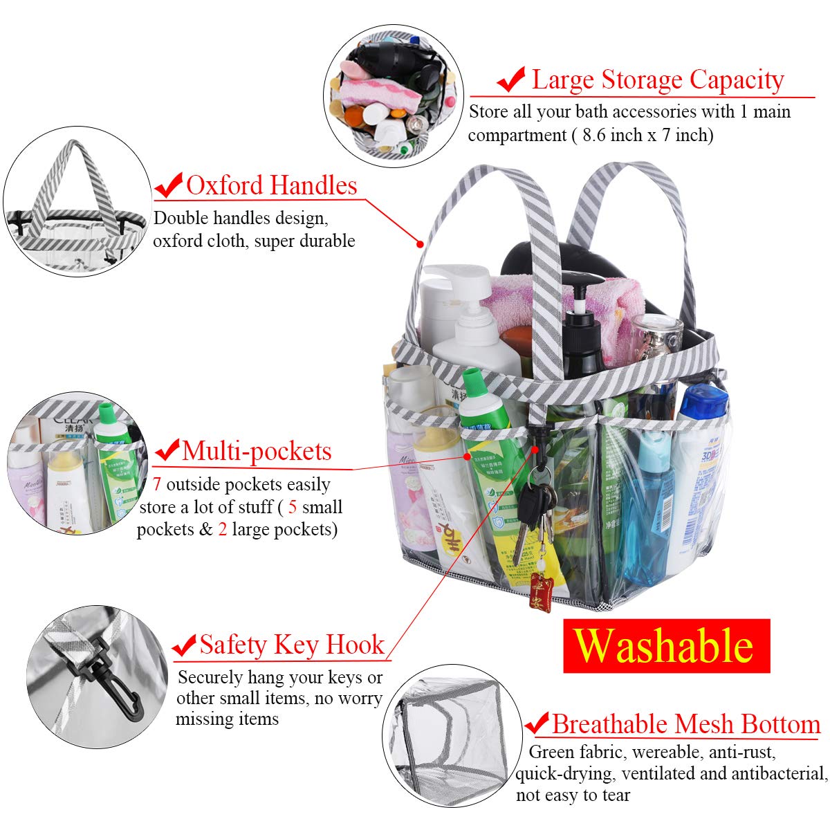 Haundry Waterproof Shower Caddy For College Dorm Room Essentials, Portable Shower Caddy Tote With 8-Pocket, Shower Bag For Beach