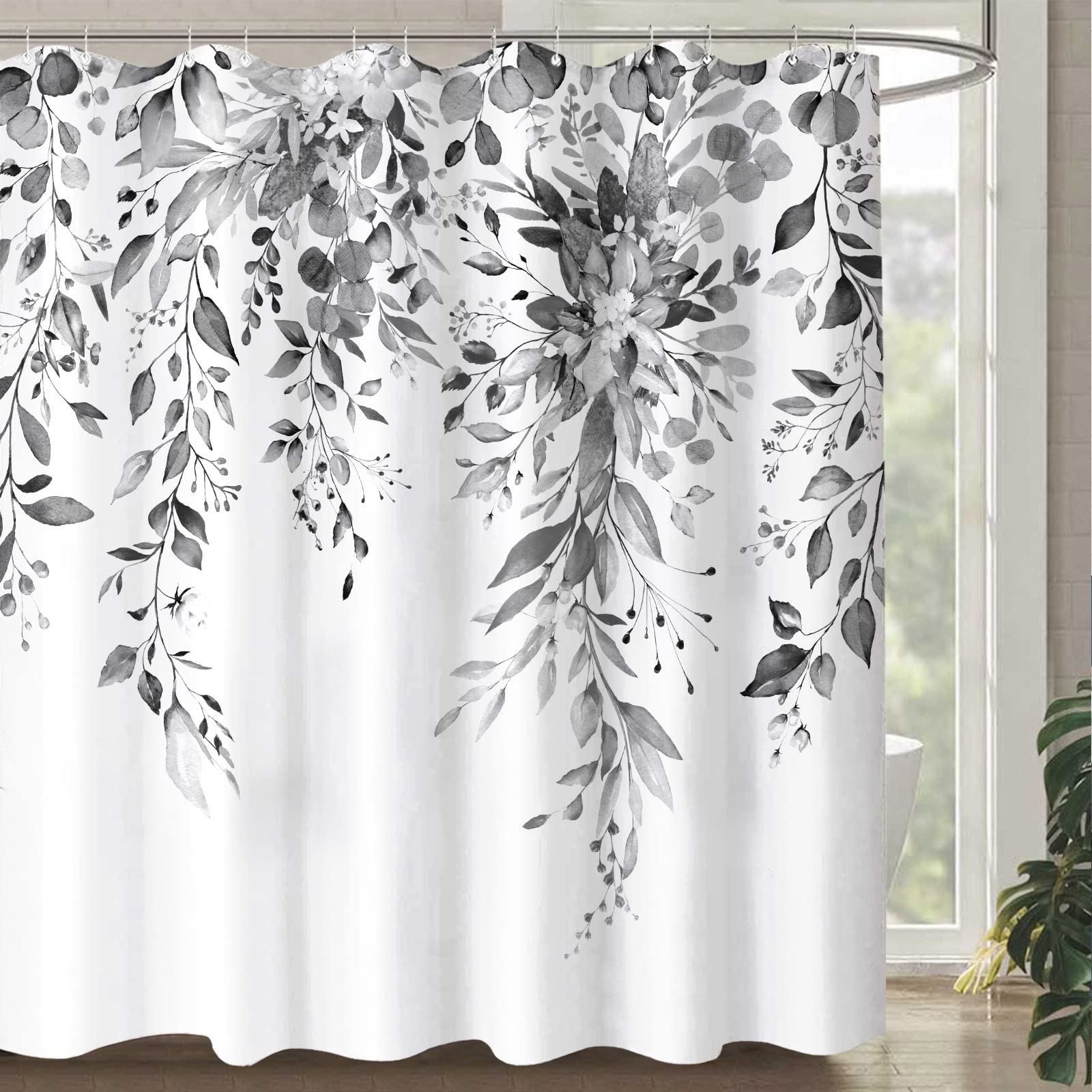 Zussun Long Gray And White Eucalyptus Shower Curtain Watercolor Grey Floral Plant Leaf Shower Curtains For Bathroom Botanical Fl