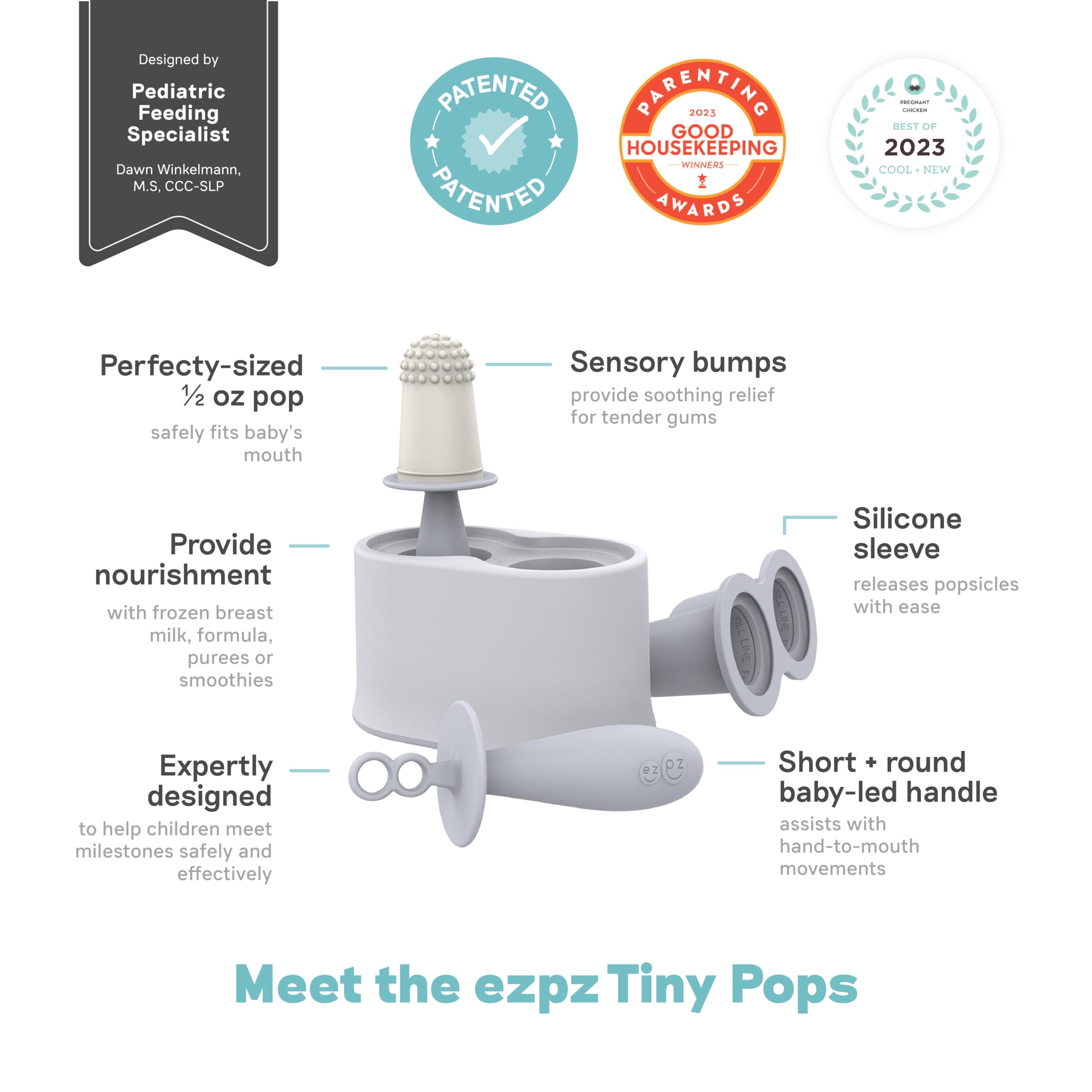 Ezpz Tiny Pops (Pewter) - Popsicle Mold Set With Wands For Infants 4 Months + - Two Pack - Baby Essentials