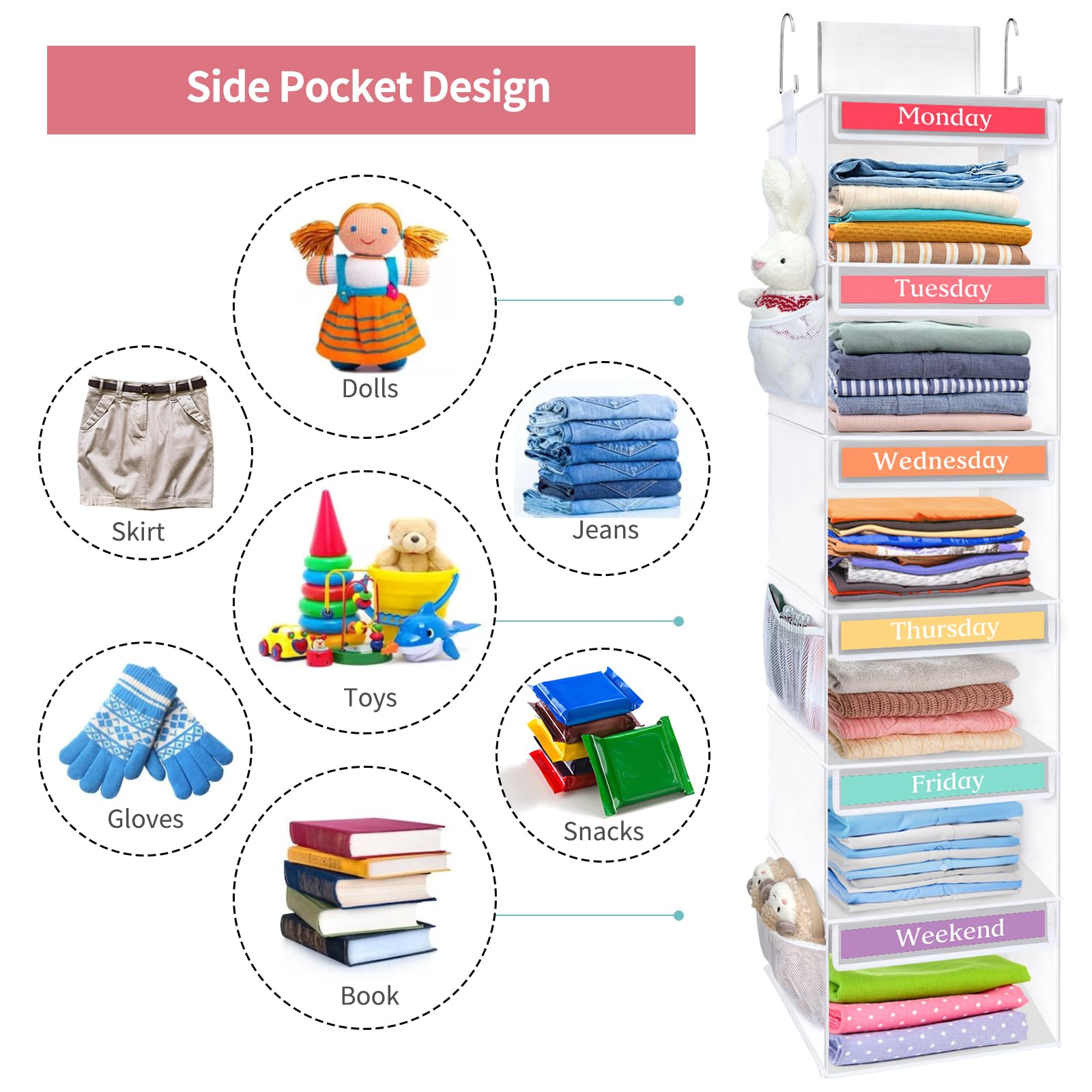 Fixwal 6-Shelf Weekly Hanging Closet Organizer For Kids With 6 Side Pockets Collapsible Weekday Kids Room Storage Organizer Dail